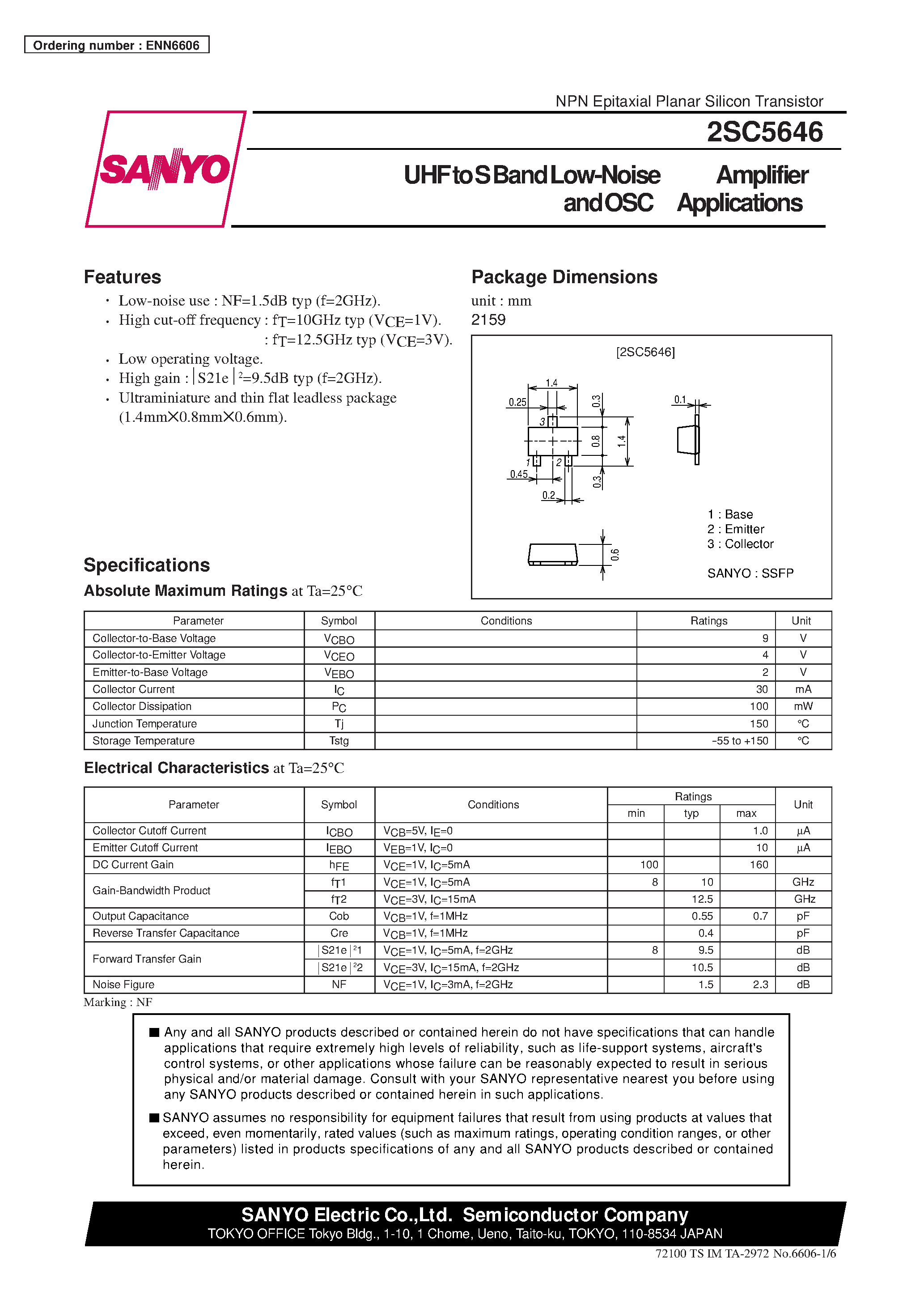 Datasheet 2SC5646 - UHF to S Band Low-Noise Amplifier andOSC Applications page 1