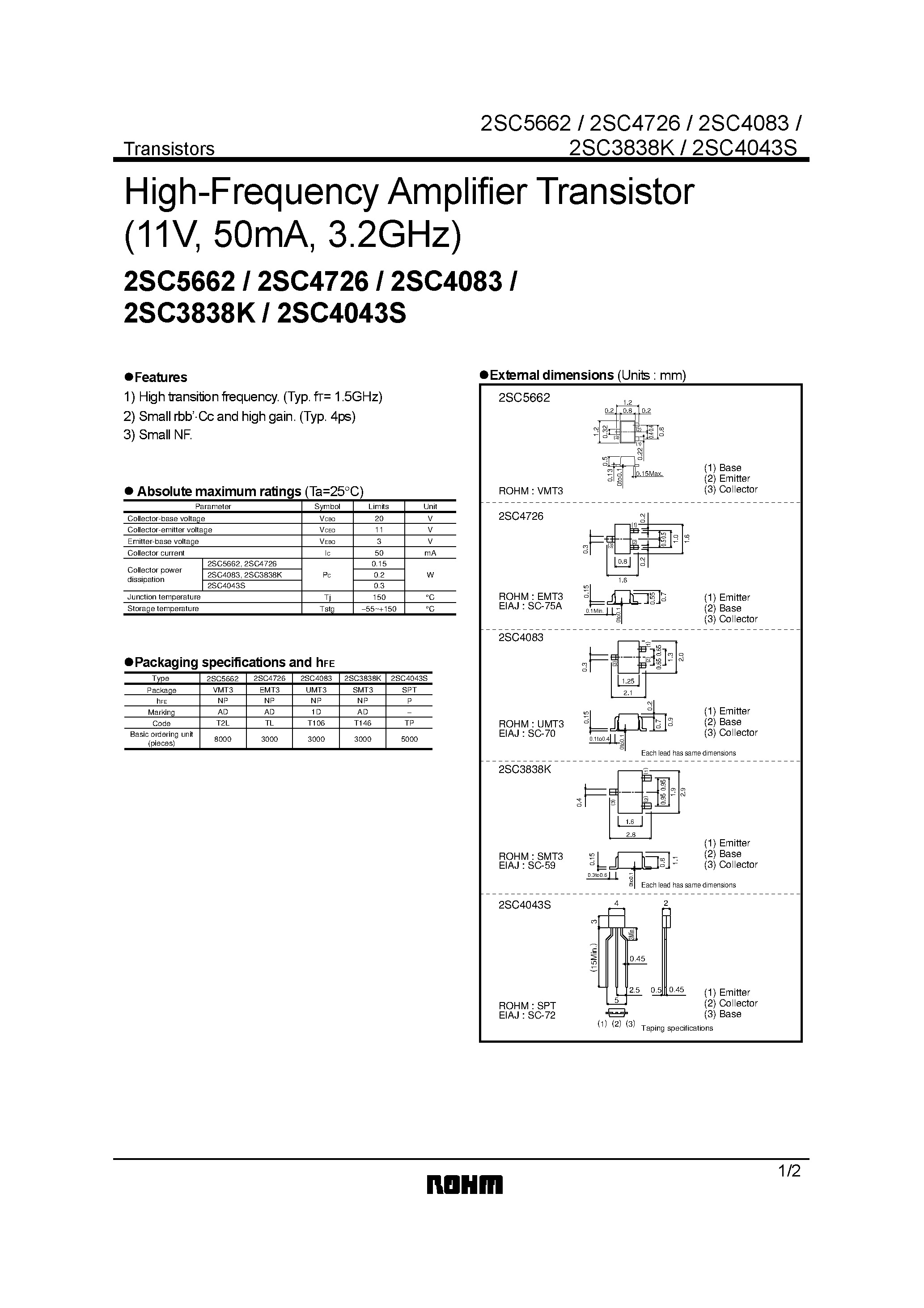 Datasheet 2SC5662 - High-Frequency Amplifier Transistor(11V/ 50mA/ 3.2GHz) page 1