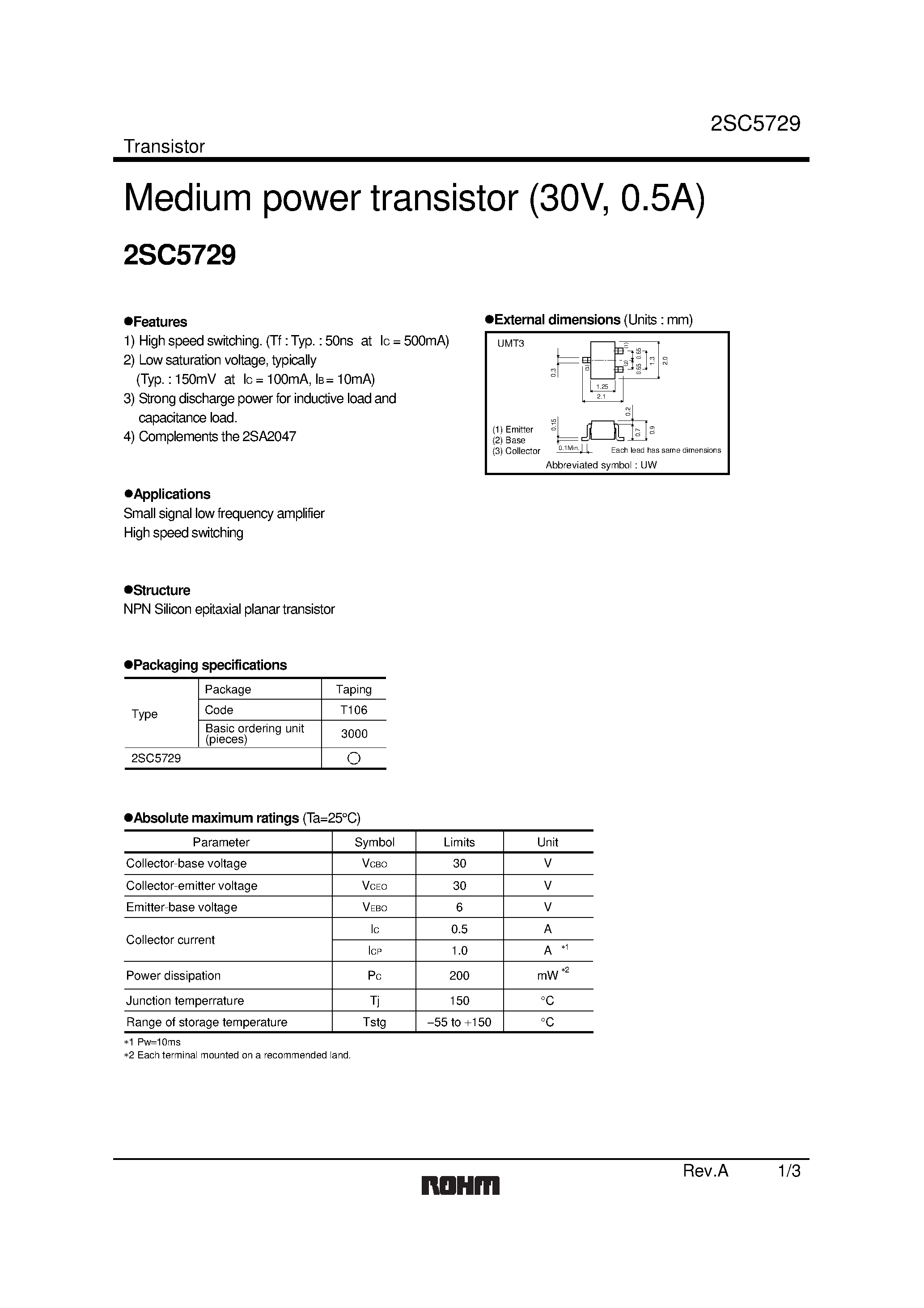 Datasheet 2SC5729 - Medium power transistor (30V/ 0.5A) page 1