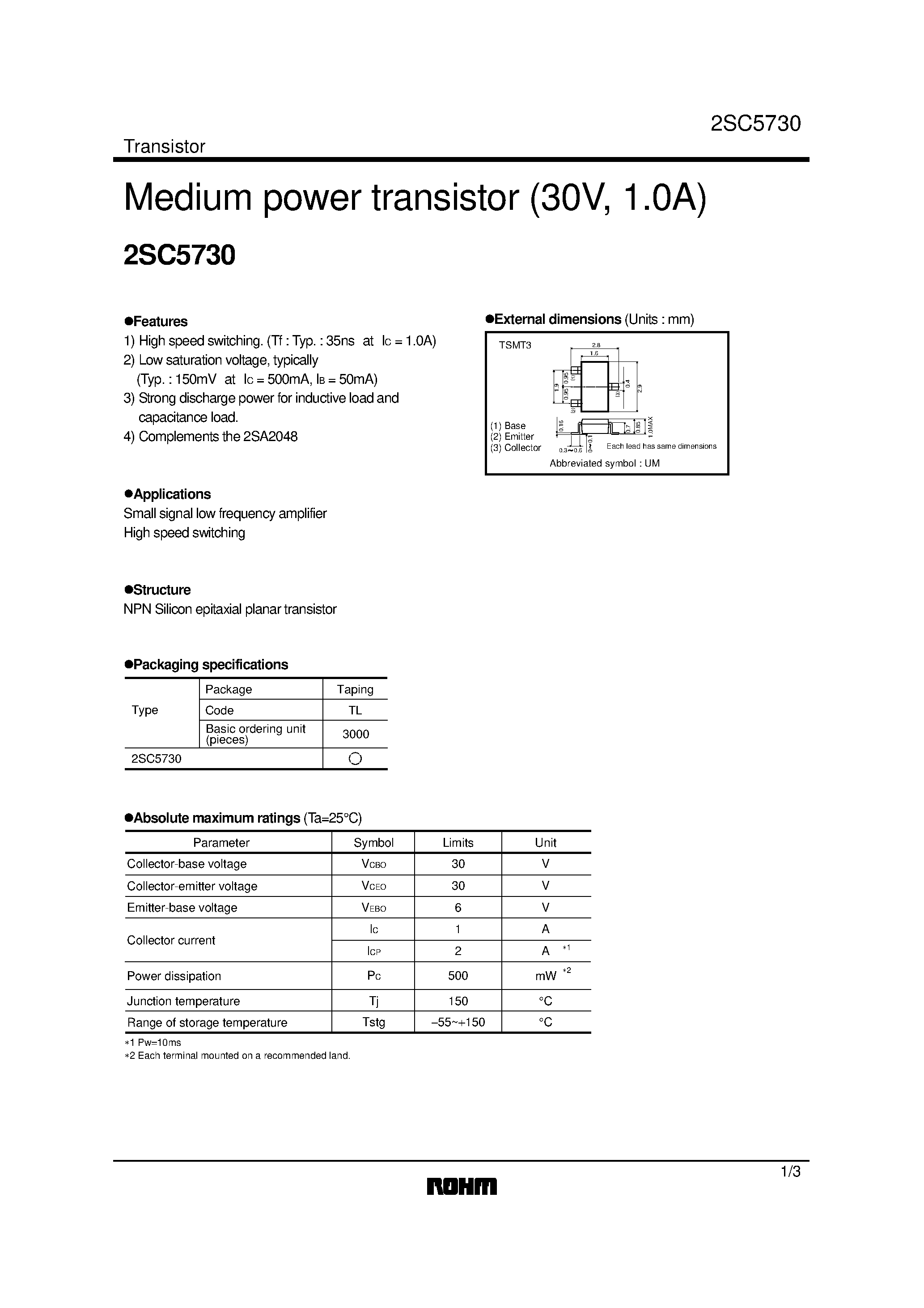 Даташит 2SC5730 - Medium power transistor (30V/ 1.0A) страница 1