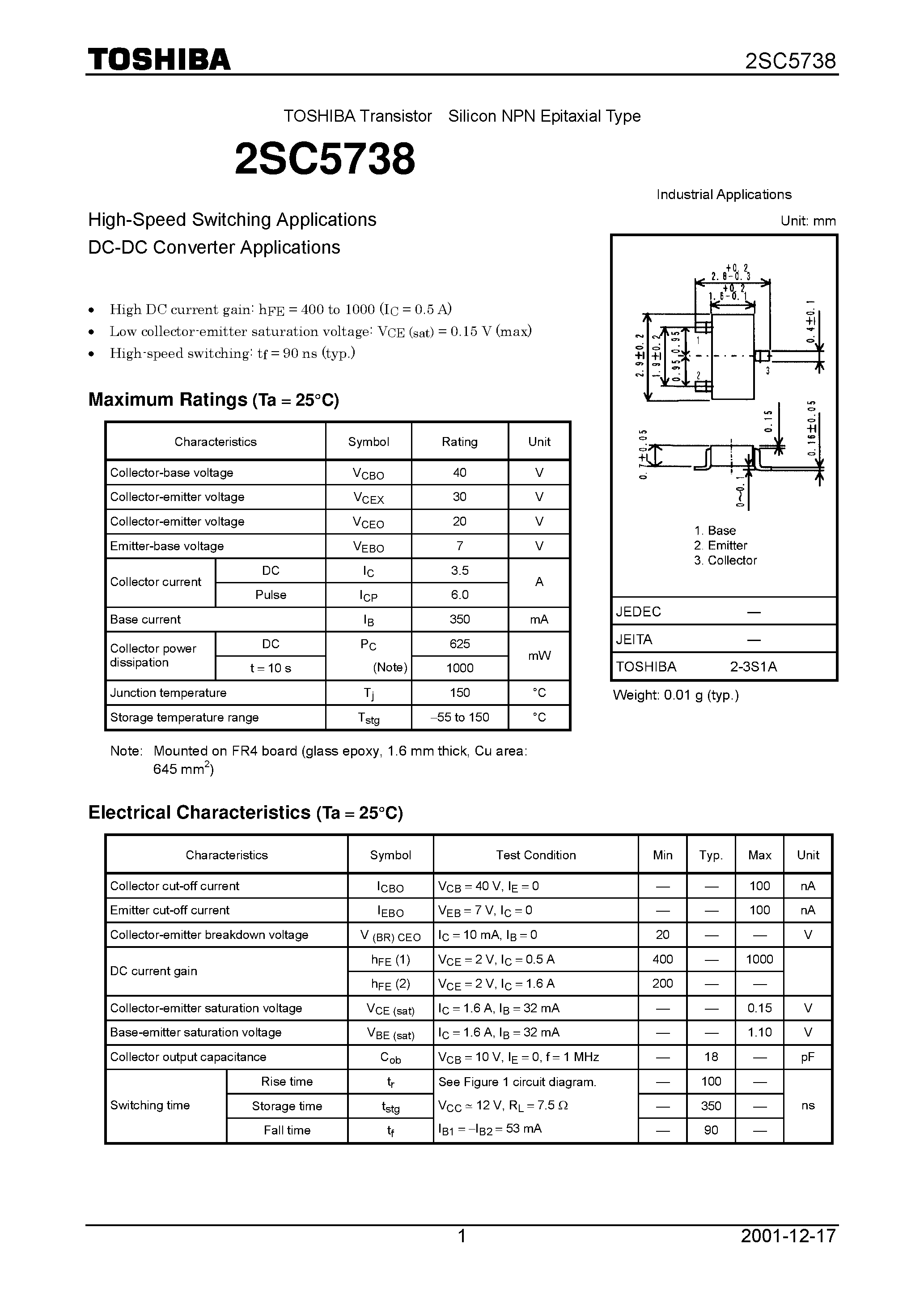 Даташит на микросхему 2SC5738 страница 1 Даташит 2SC5738 - High-Speed Switching Applications DC-DC Converter Applications страница 1