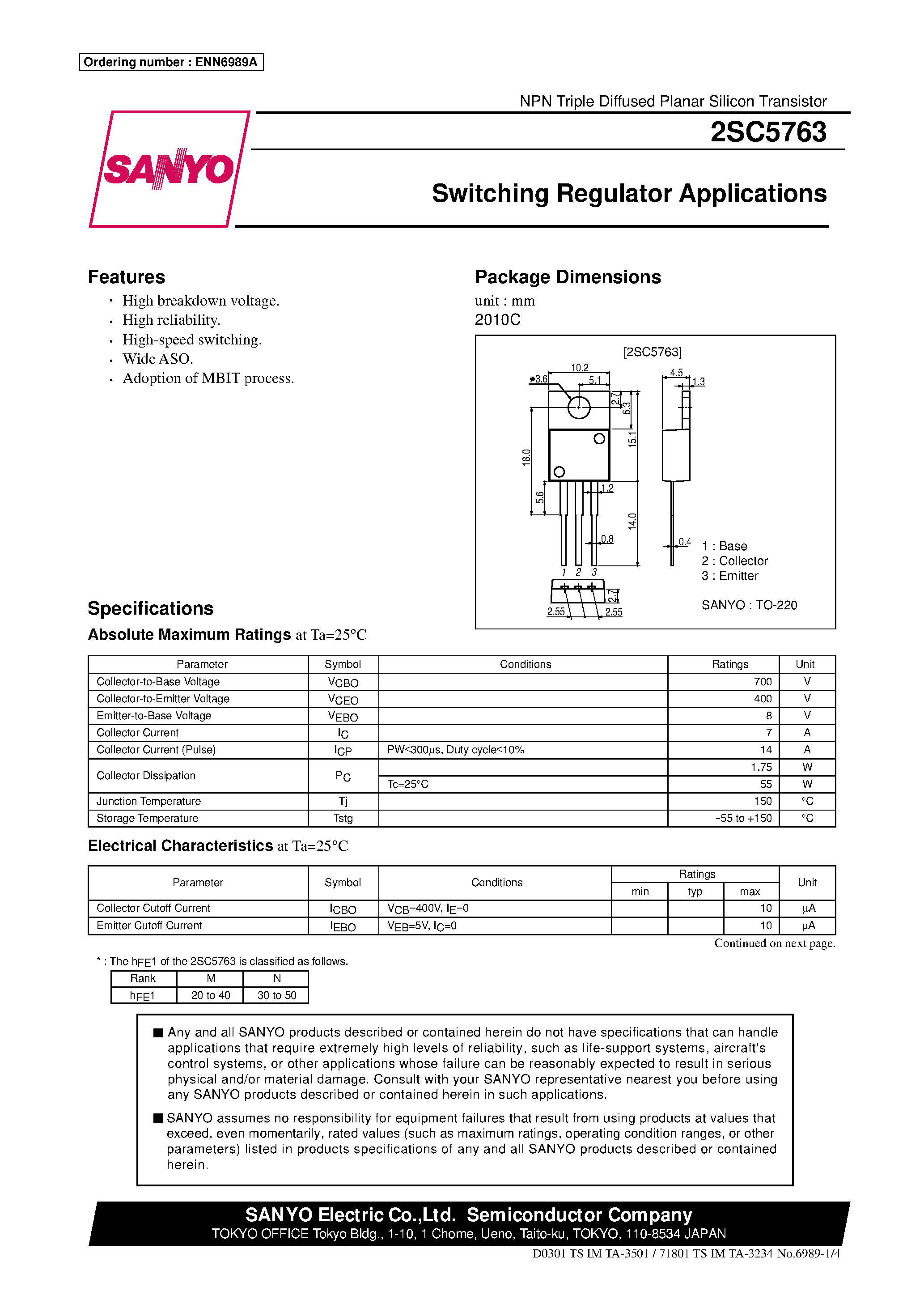 Даташит на микросхему 2SC5763 страница 1 Даташит 2SC5763 - Switching Regulator Applications страница 1
