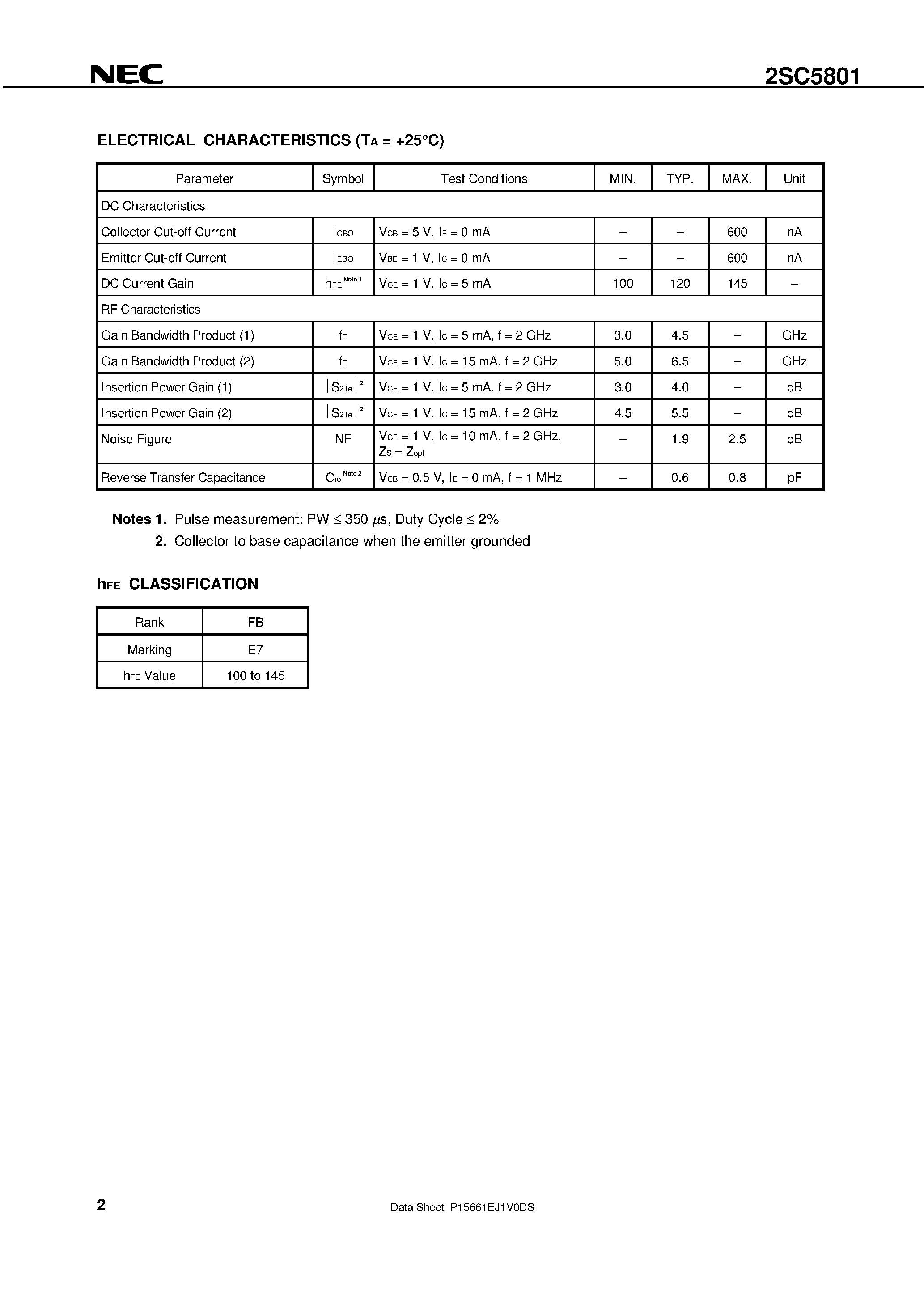 Datasheet 2SC5801 - NPN SILICON RF TRANSISTOR FOR HIGH-FREQUENCY LOW NOISE 3-PIN LEAD-LESS MINIMOLD page 2