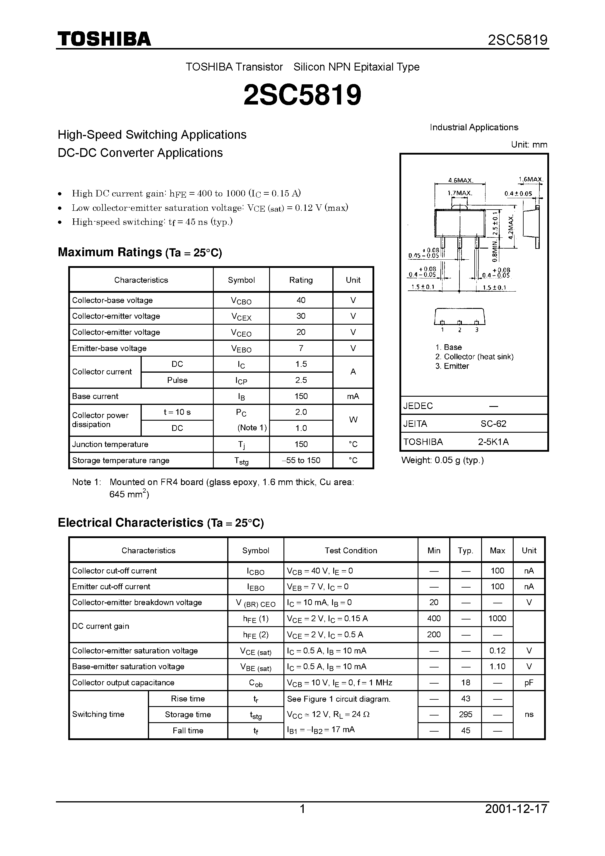 Даташит на микросхему 2SC5819 страница 1 Даташит 2SC5819 - High-Speed Switching Applications DC-DC Converter Applications страница 1