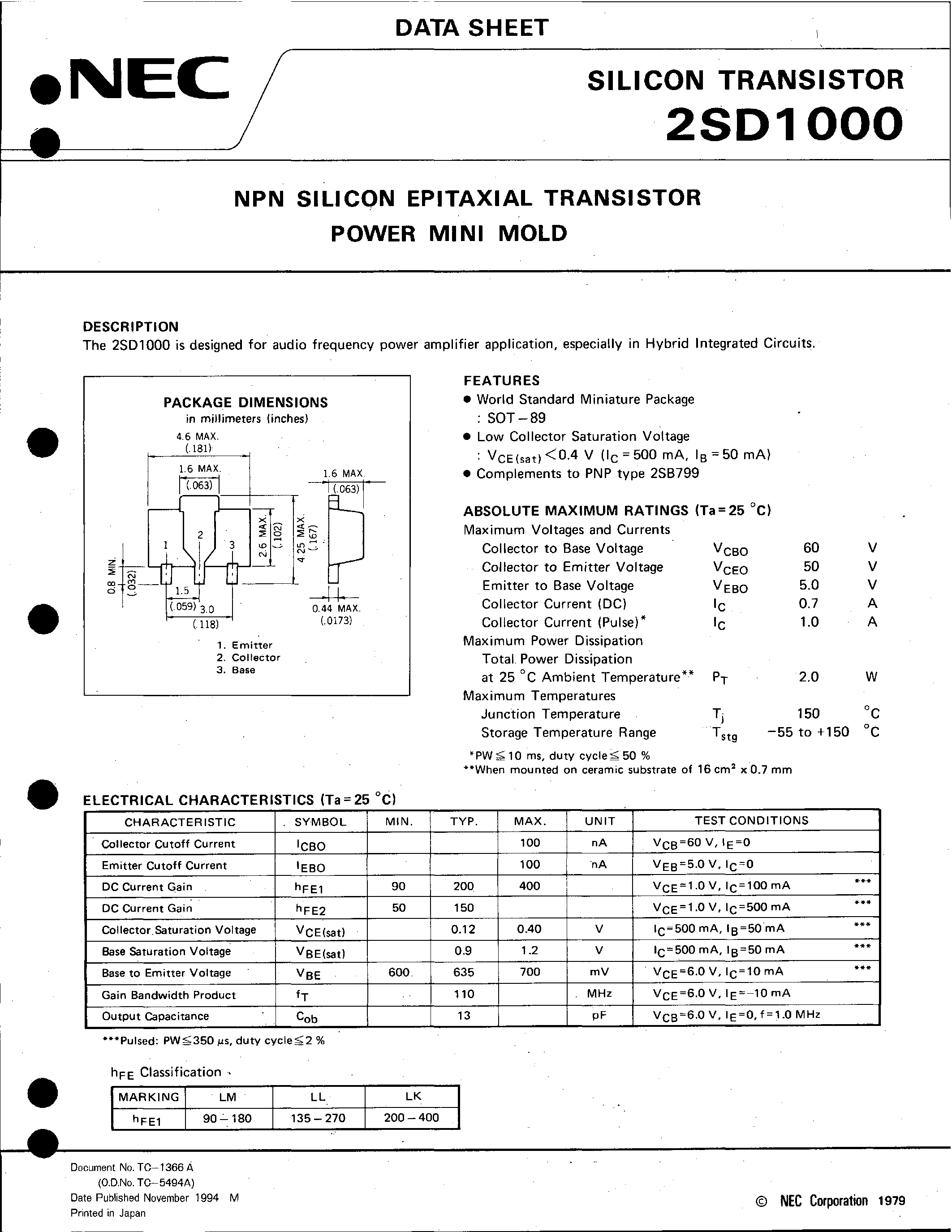 Datasheet 2SD1000 page 1 Datasheet 2SD1000 - NPN SILICON EPITAXIAL TRANSISTOR POWER MINI MOLD page 1