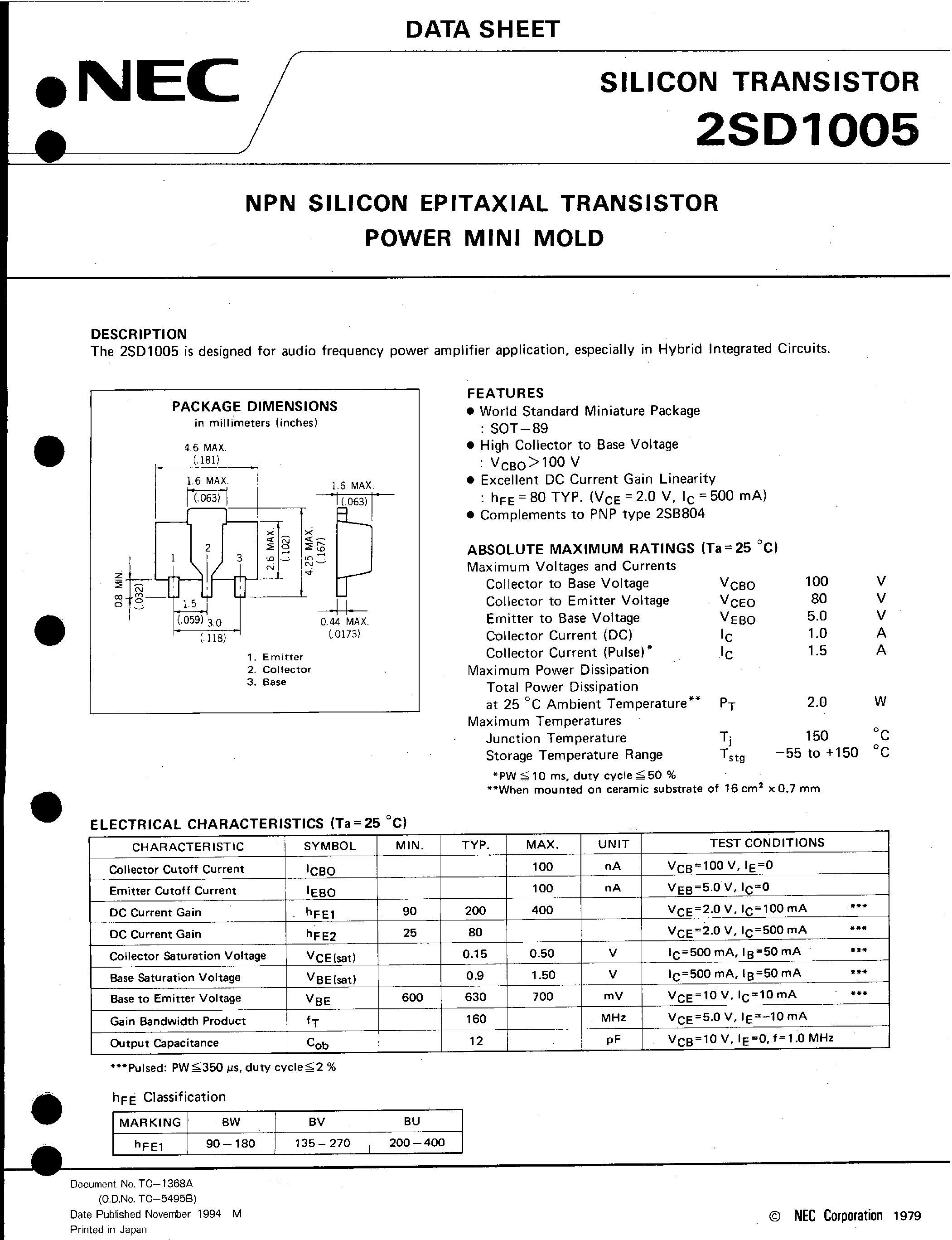 Даташит 2SD1005 - NPN SILICON EPITAXIAL TRANSISTOR POWER MINI MOLD страница 1