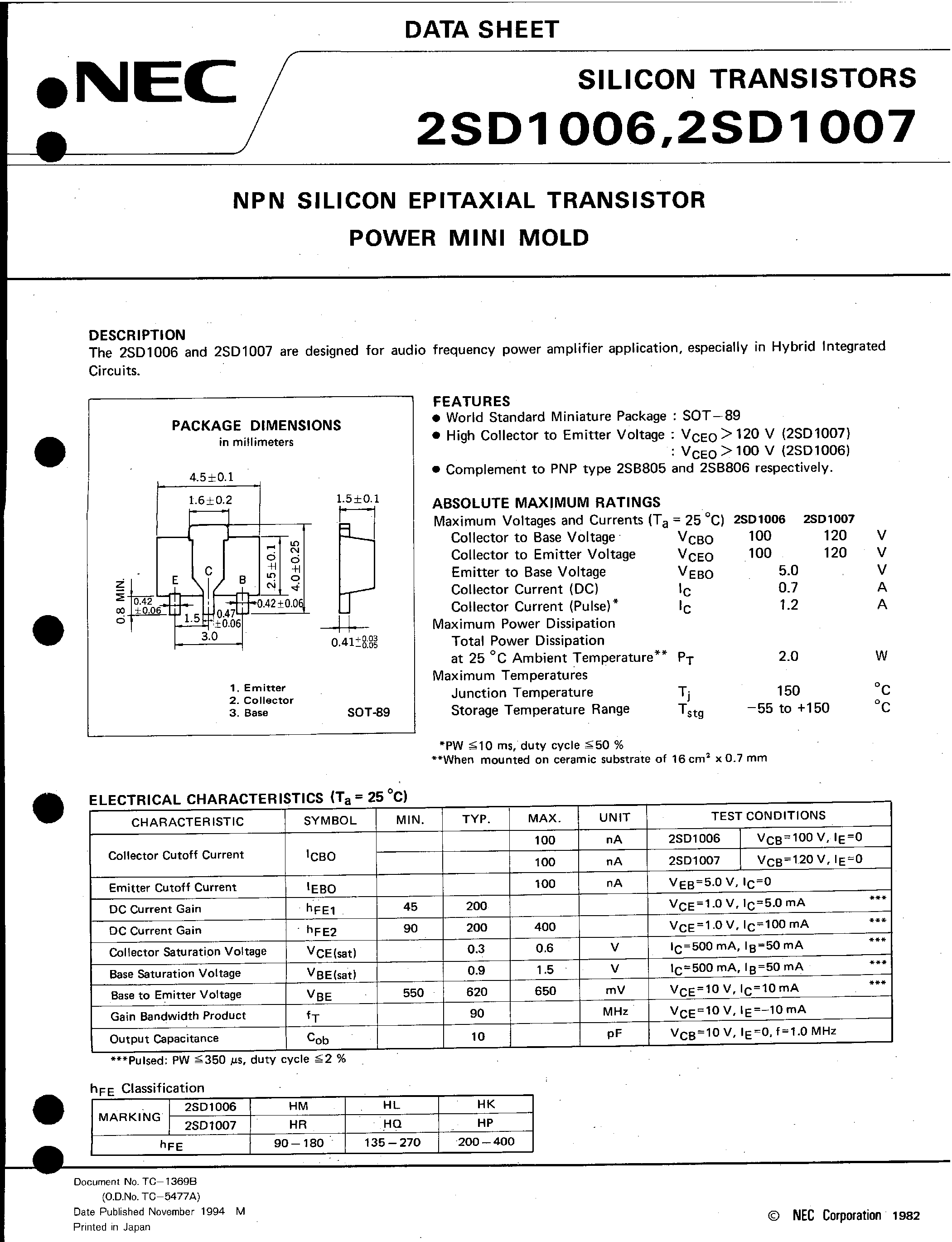 Datasheet 2SD1006 - NPN SILICON EPITAXIAL TRANSISTOR POWER MINI MOLD page 1