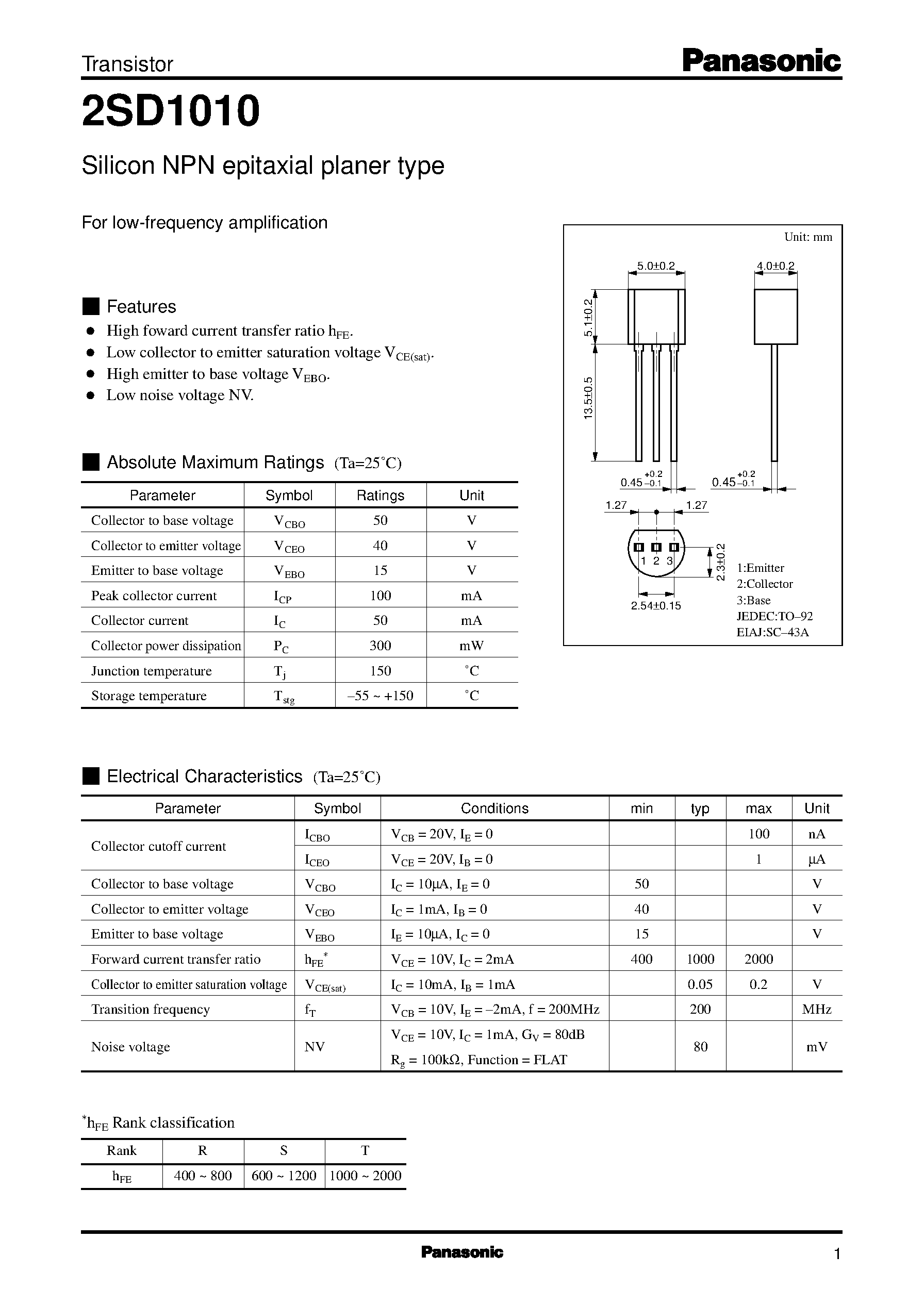 Datasheet 2SD1010 - Silicon NPN epitaxial planer type(For low-frequency amplification) page 1