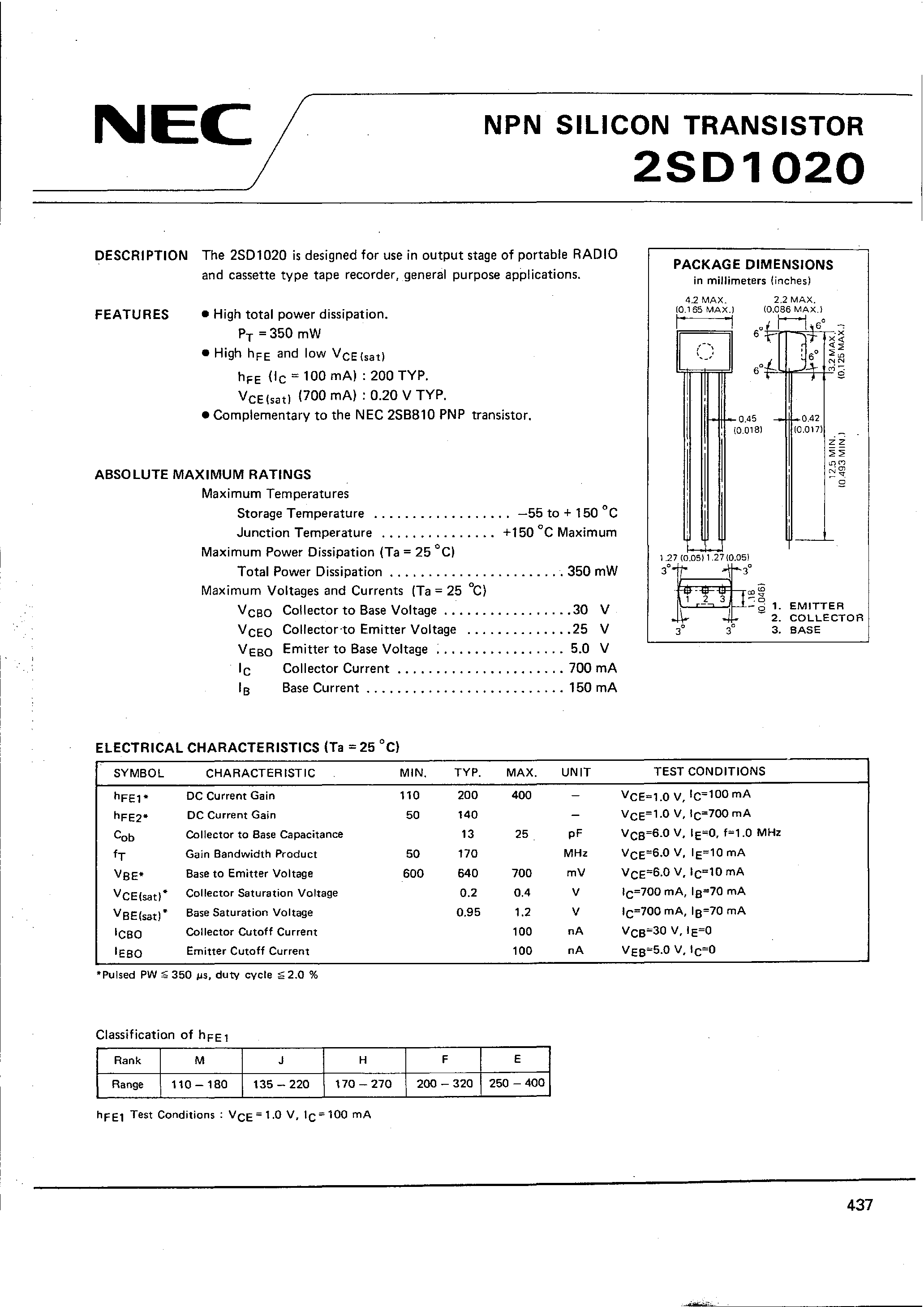 Datasheet 2SD1020 - NPN SILICON TRANSISTOR page 1