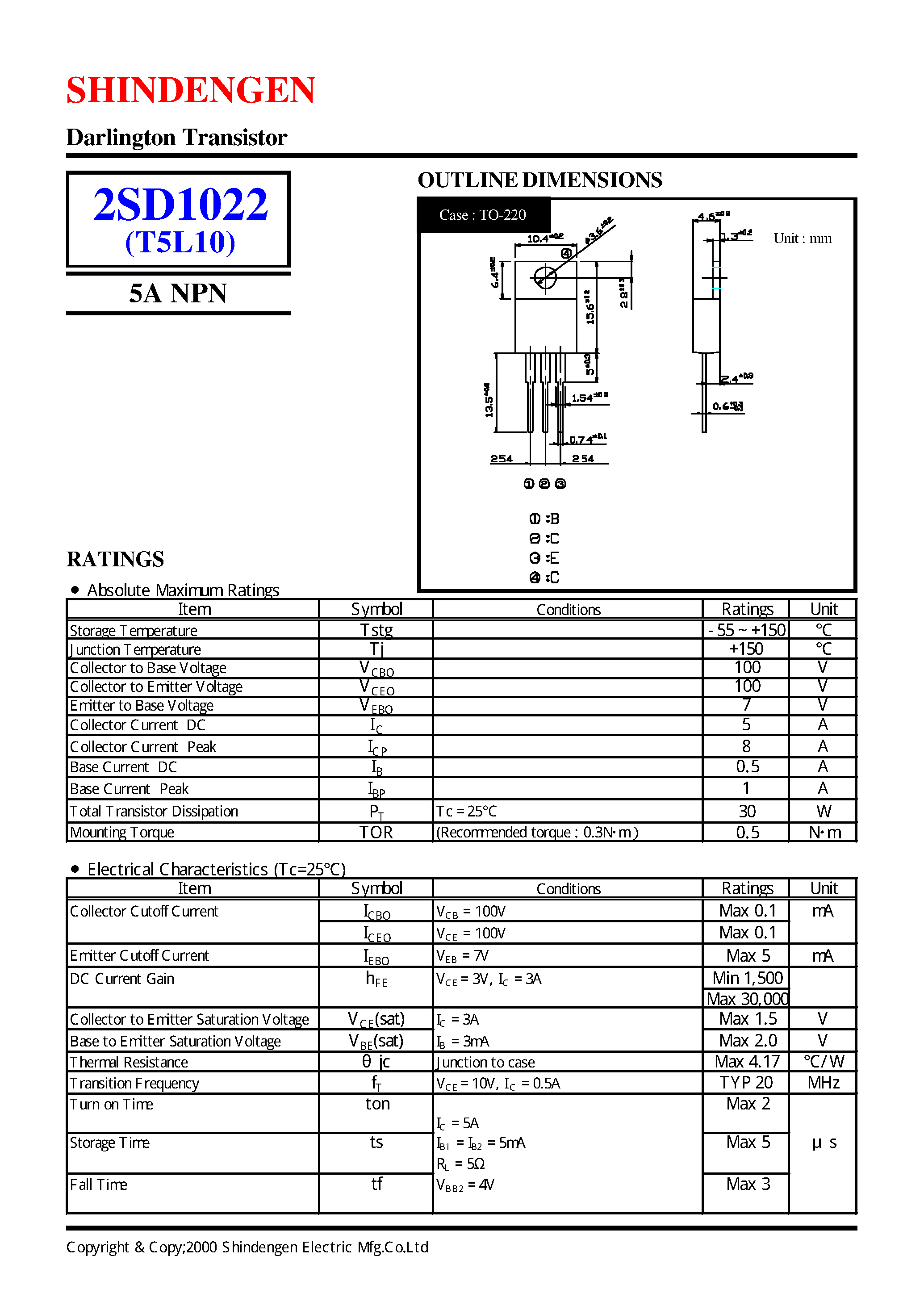 Даташит 2SD1022 - Darlington Transistor(5A NPN) страница 1