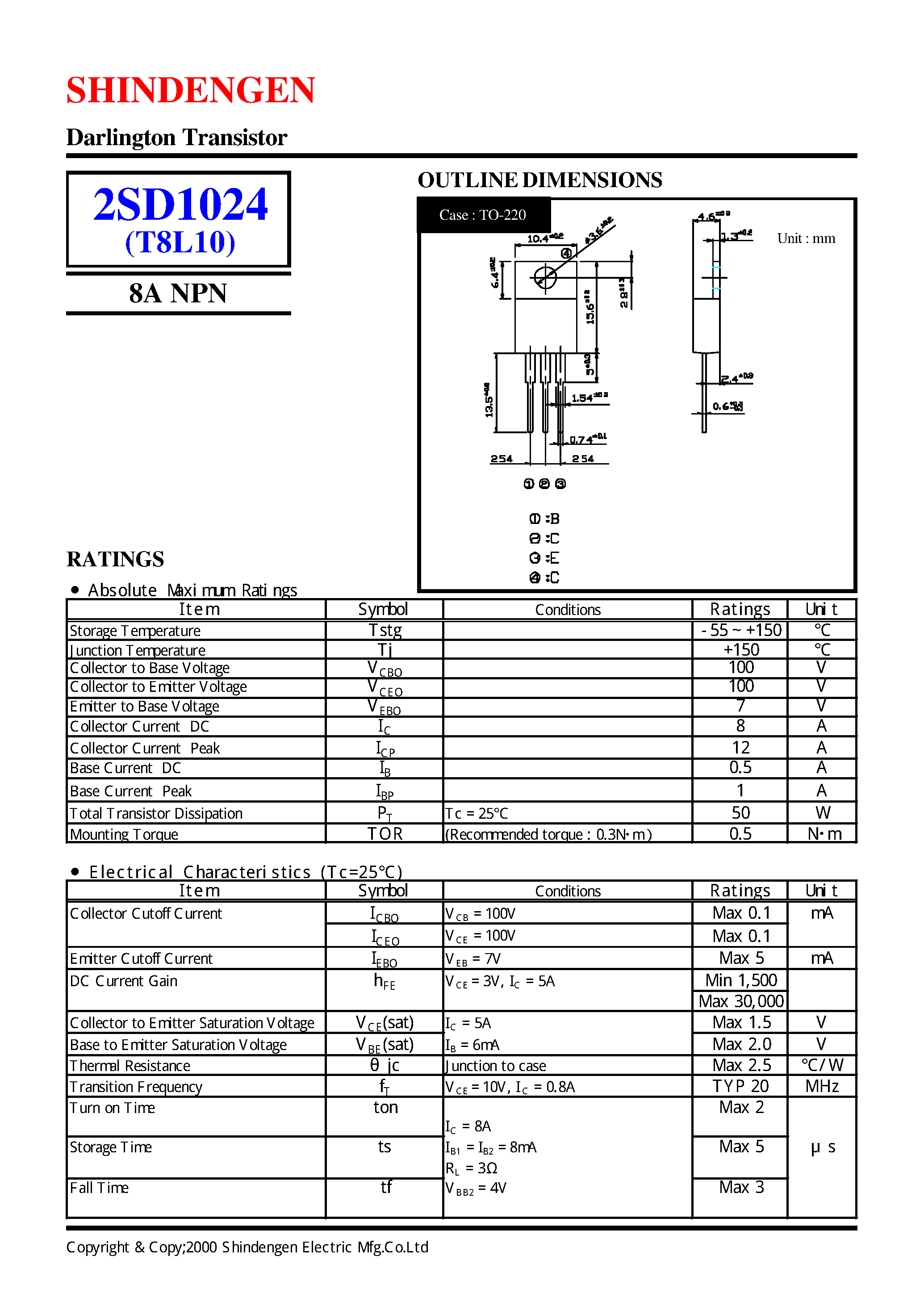 Даташит на микросхему 2SD1024 страница 1 Даташит 2SD1024 - Darlington Transistor(8A NPN) страница 1
