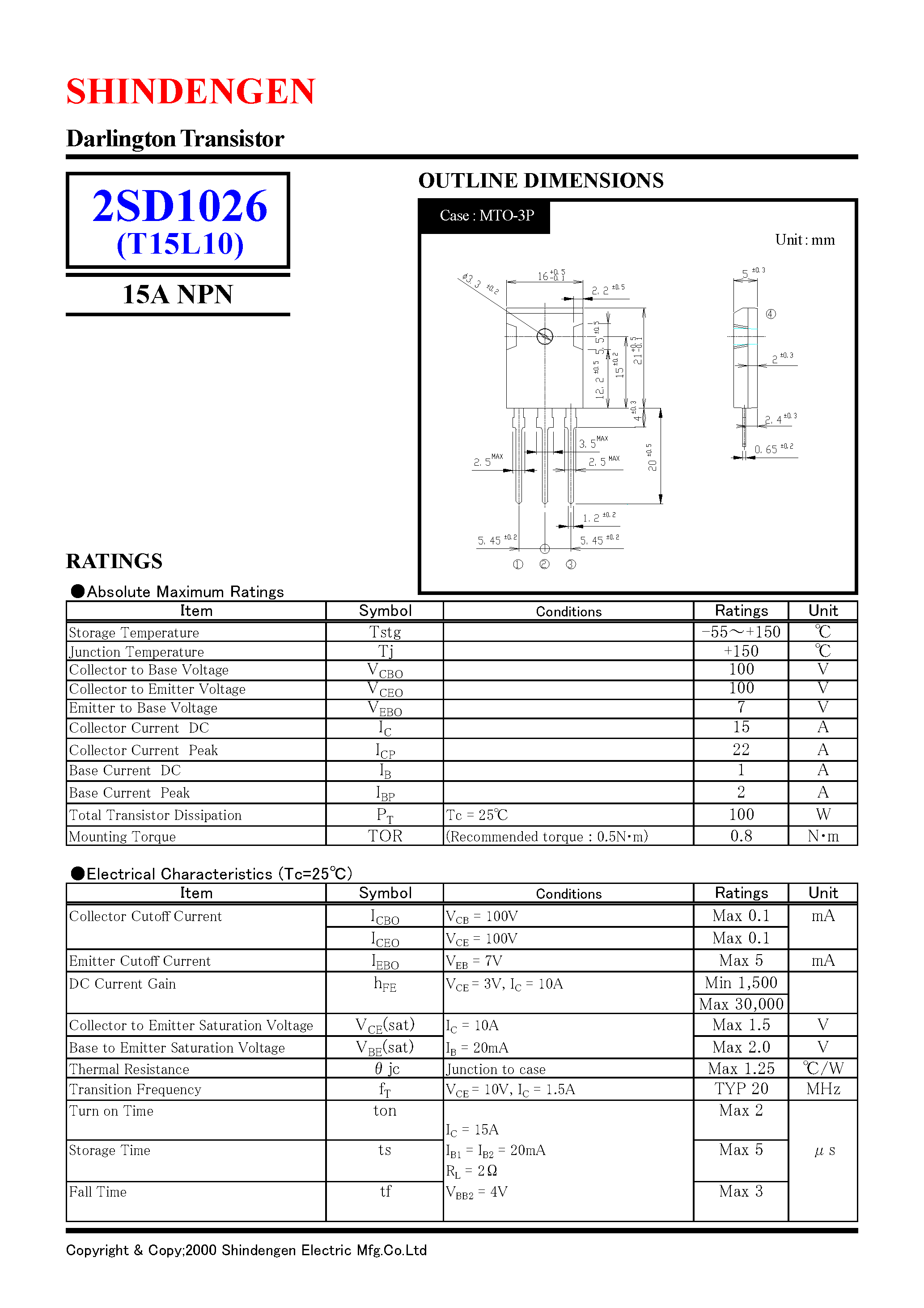 Даташит на микросхему 2SD1026 страница 1 Даташит 2SD1026 - Darlington Transistor(15A NPN) страница 1