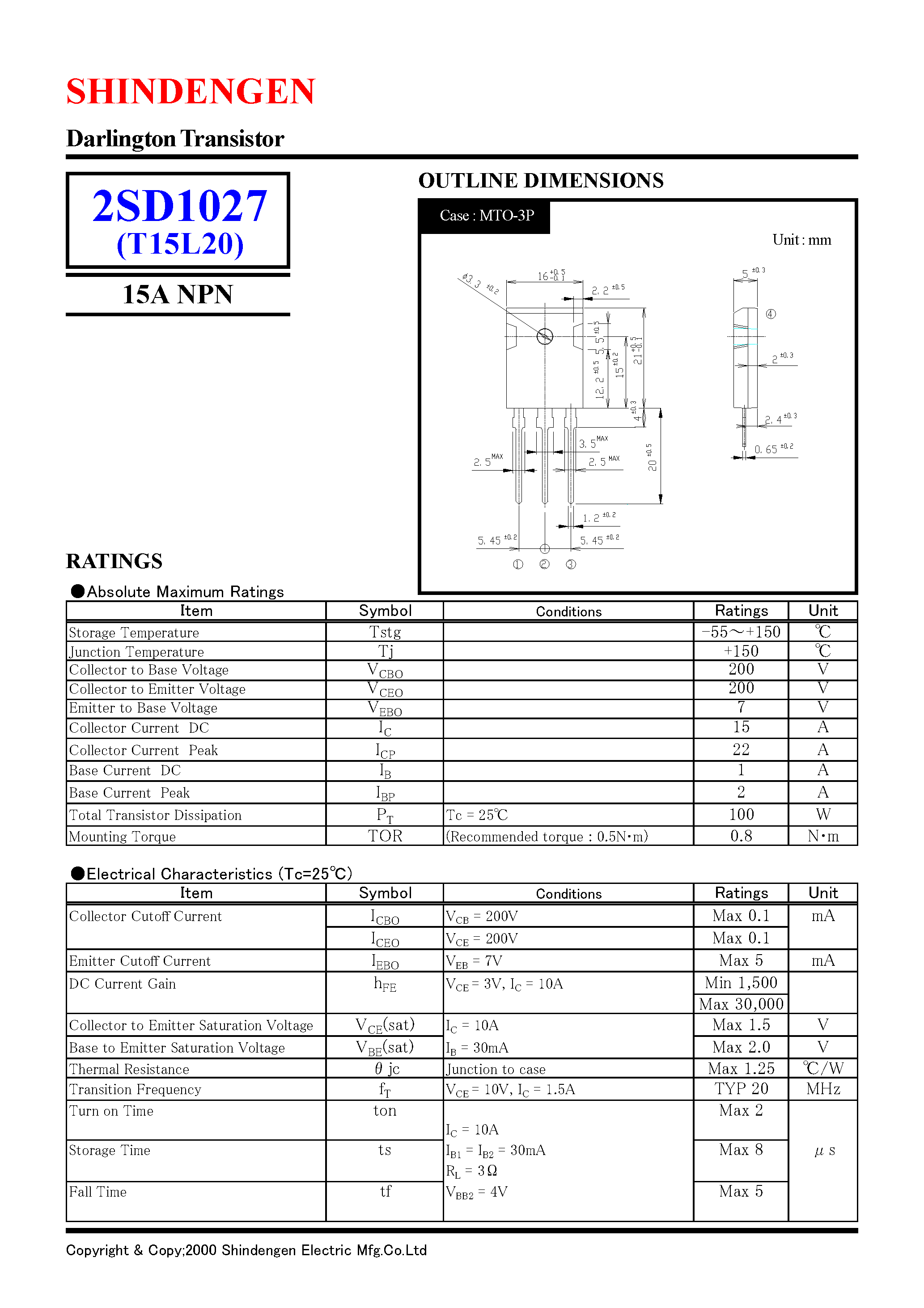 Даташит 2SD1027 - Darlington Transistor(15A NPN) страница 1