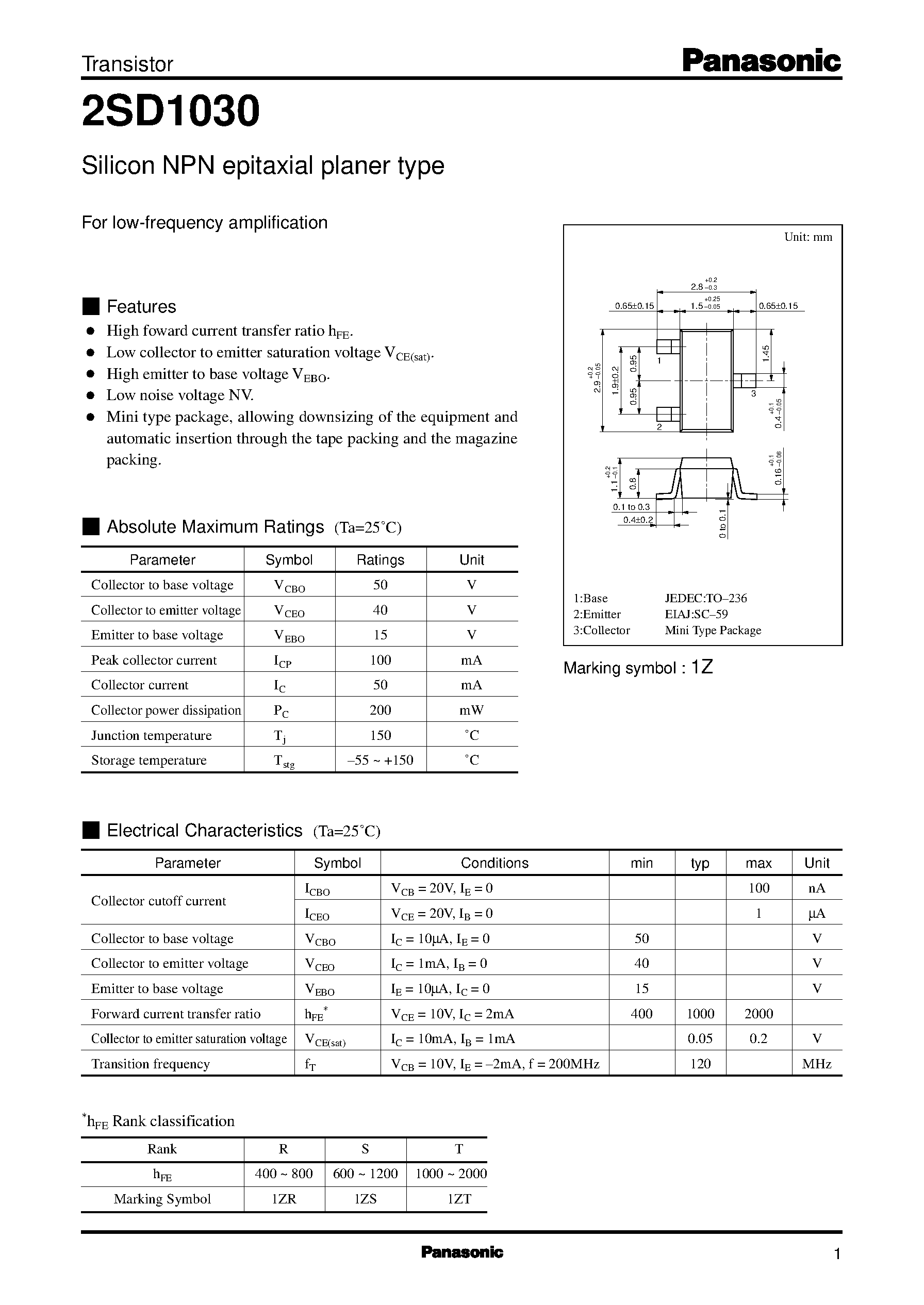 Datasheet 2SD1030 - Silicon NPN epitaxial planer type(For low-frequency amplification) page 1