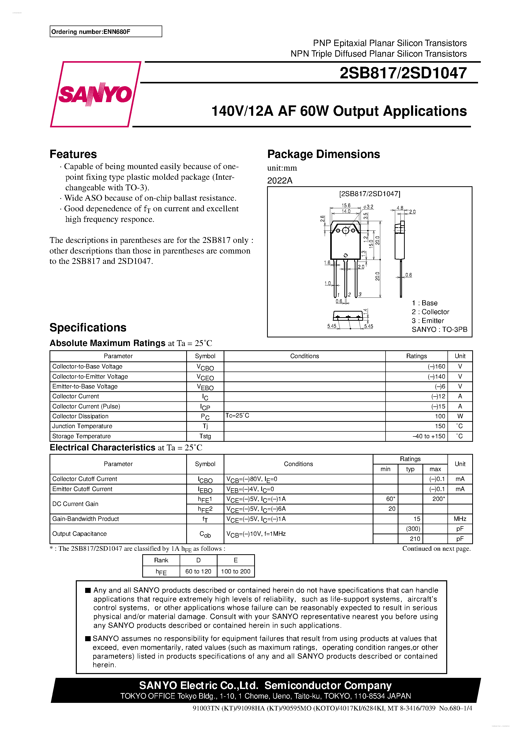 Даташит 2SD1047 - 140V/12A/ AF 60W Output Applications страница 1