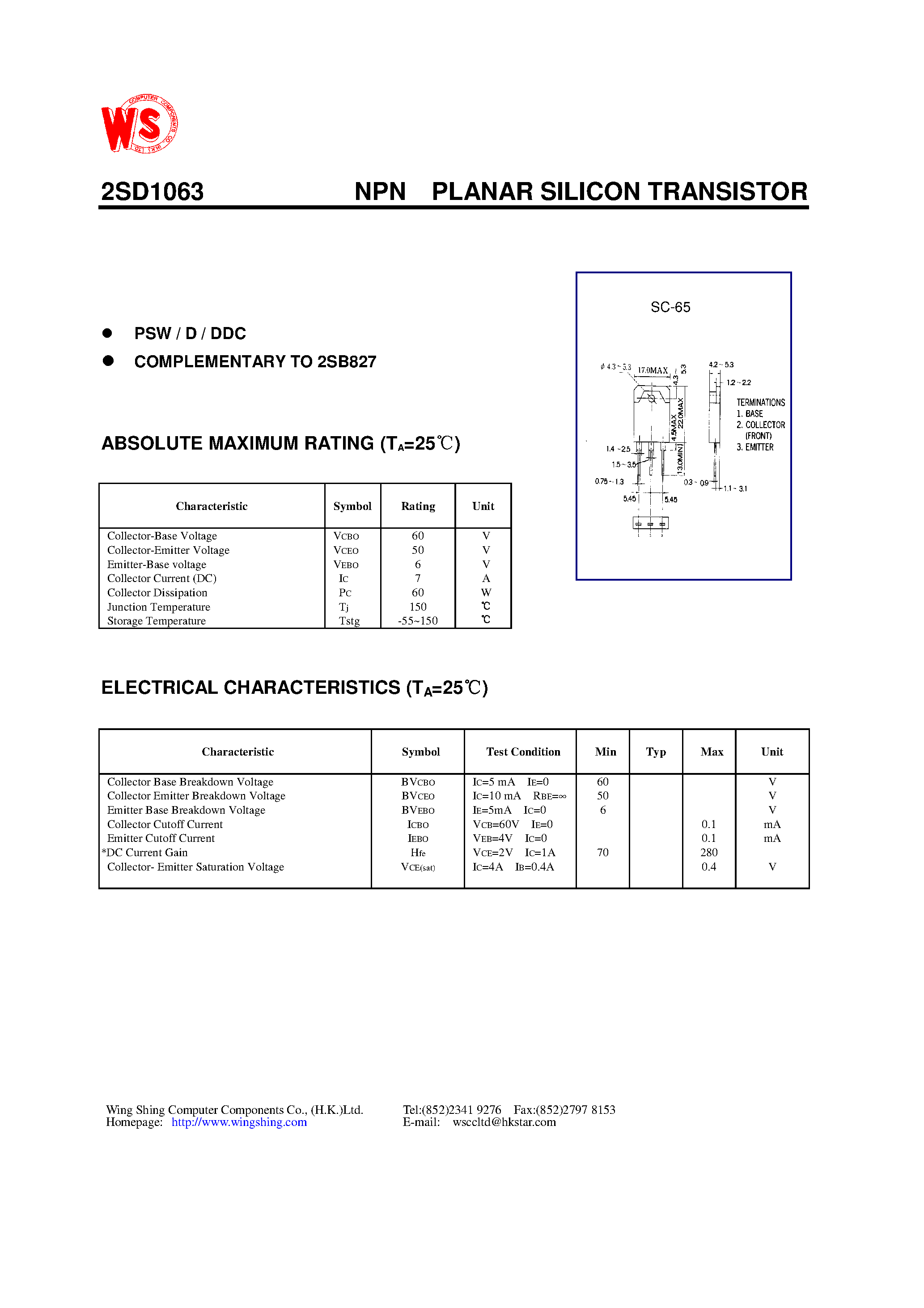 Даташит 2SD1063 - NPN PLANAR SILICON TRANSISTOR страница 1