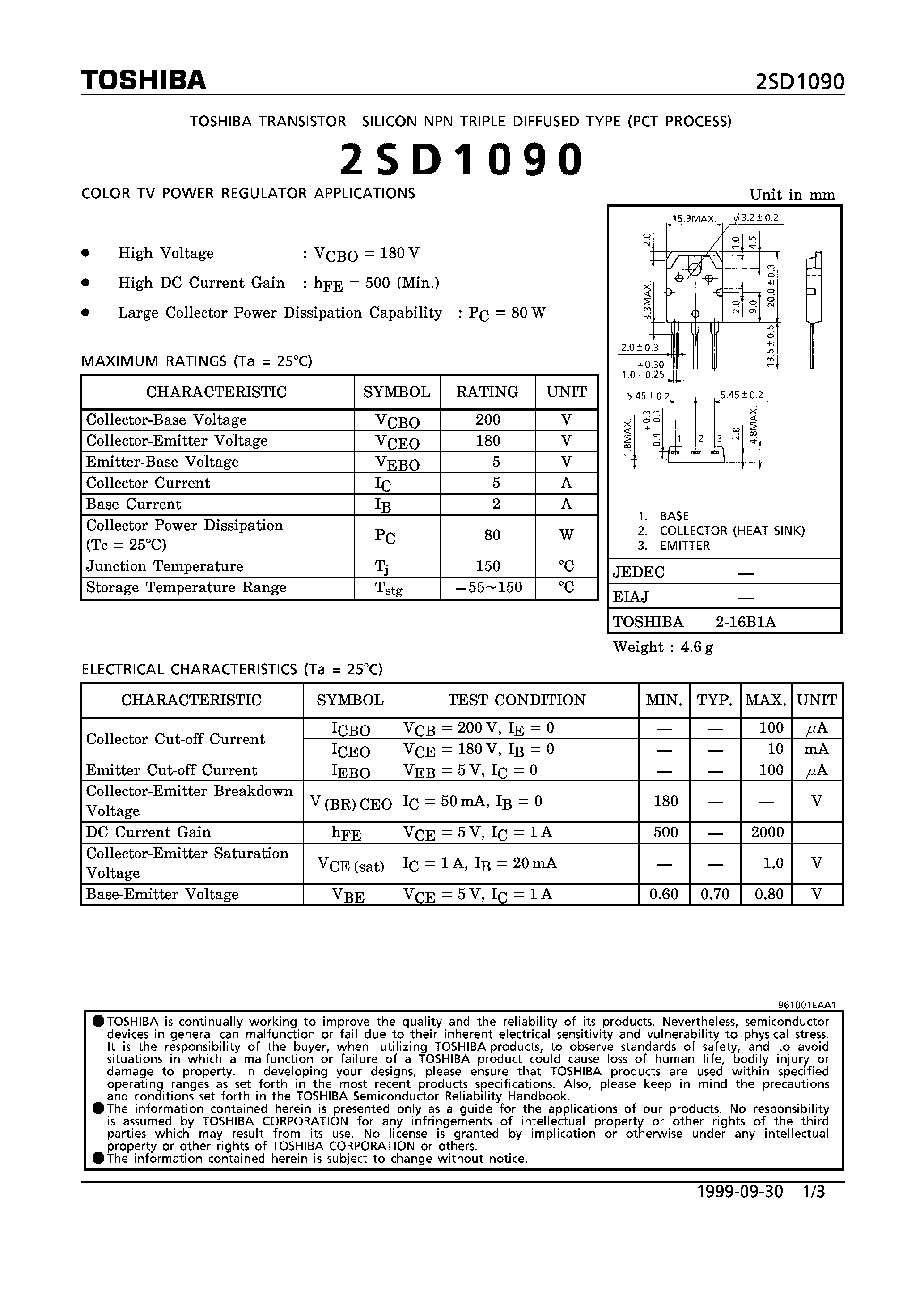 Datasheet 2SD1090 - NPN TRIPLE DIFFUSED TYPE (COLOR TV POWER REGULATOR APPLICATIONS) page 1