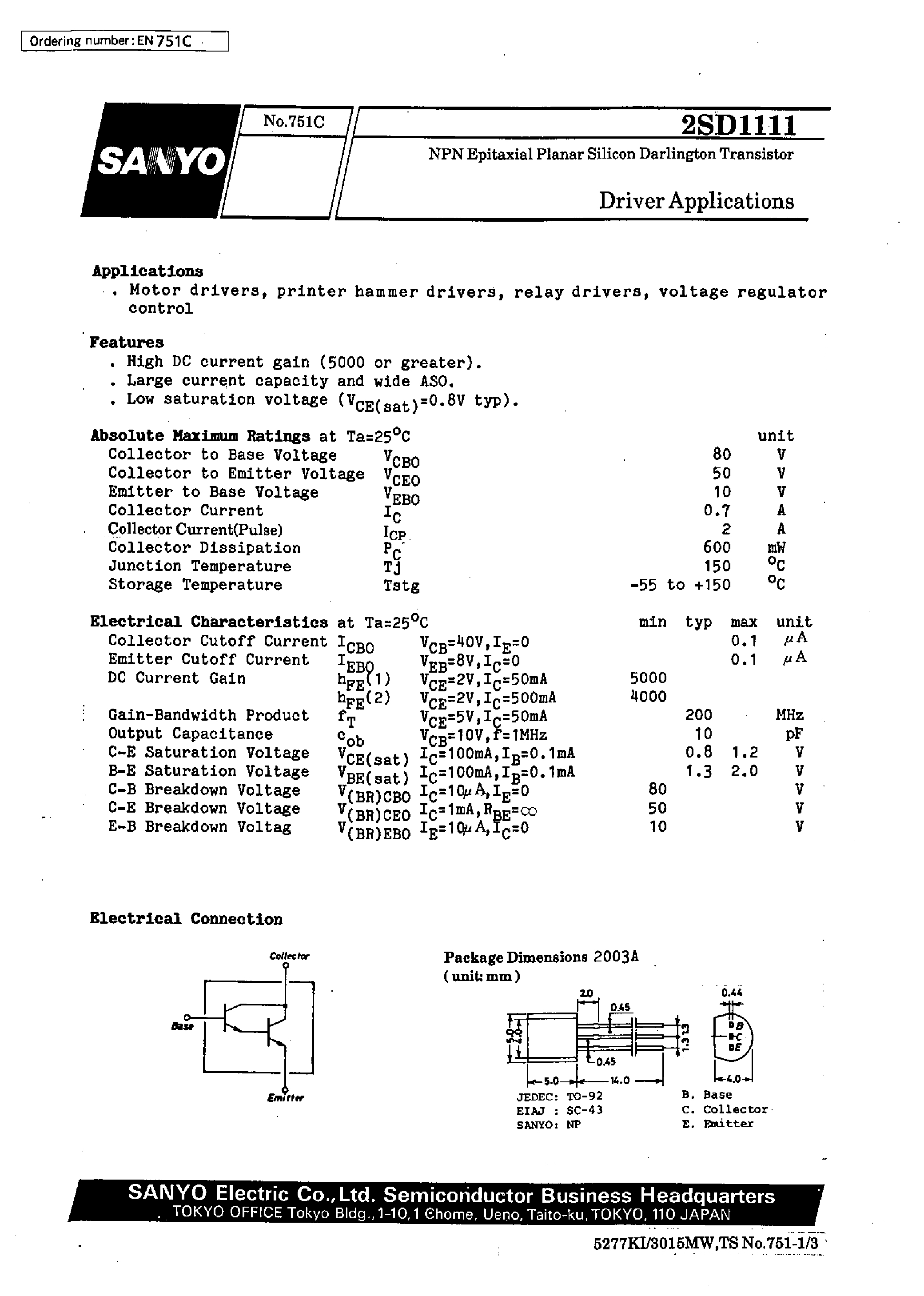 Datasheet 2SD1111 page 1 Datasheet 2SD1111 - Driver Applications page 1