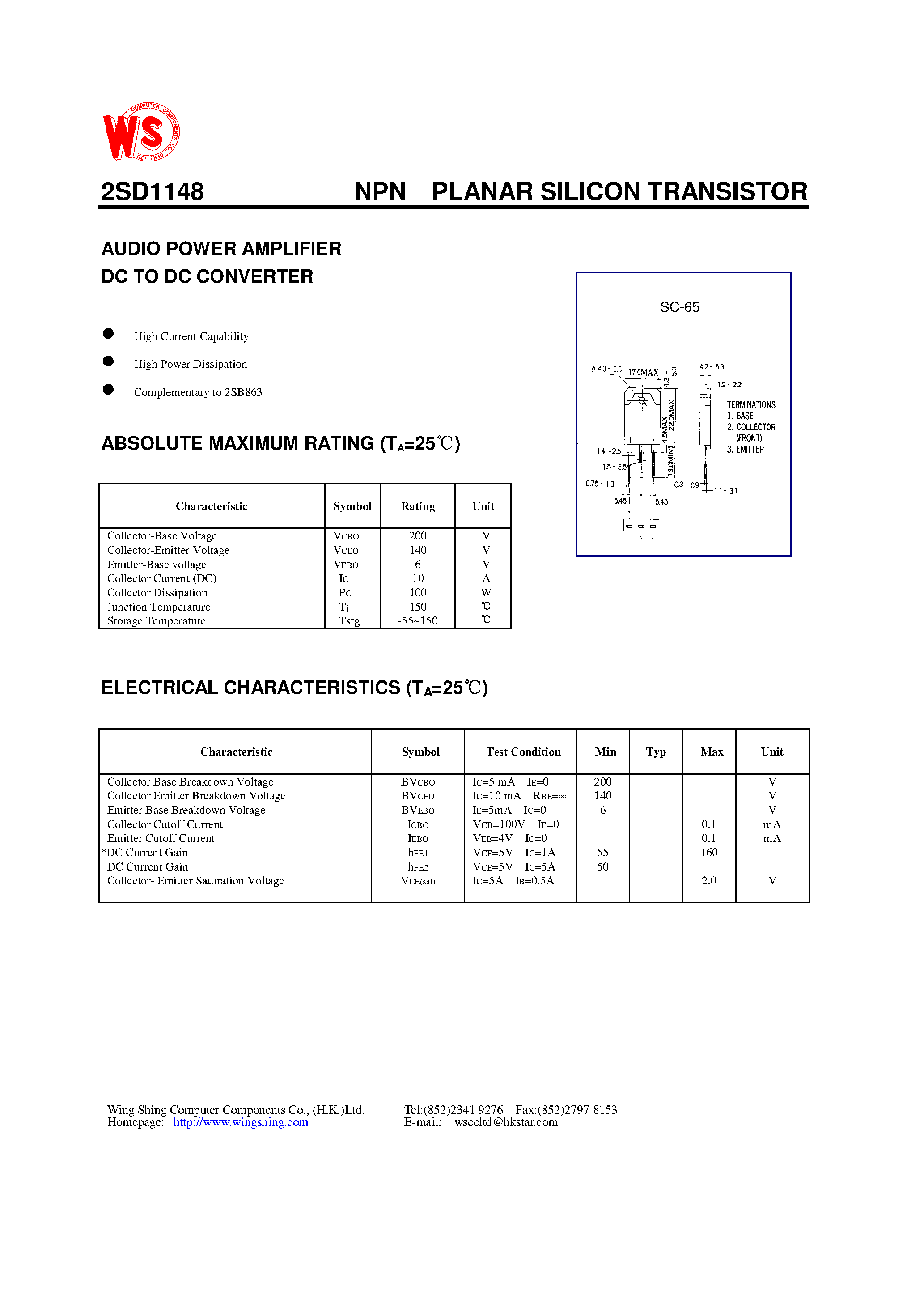 Datasheet 2SD1148 - NPN PLANAR SILICON TRANSISTOR(AUDIO POWER AMPLIFIER DC TO DC CONVERTER) page 1