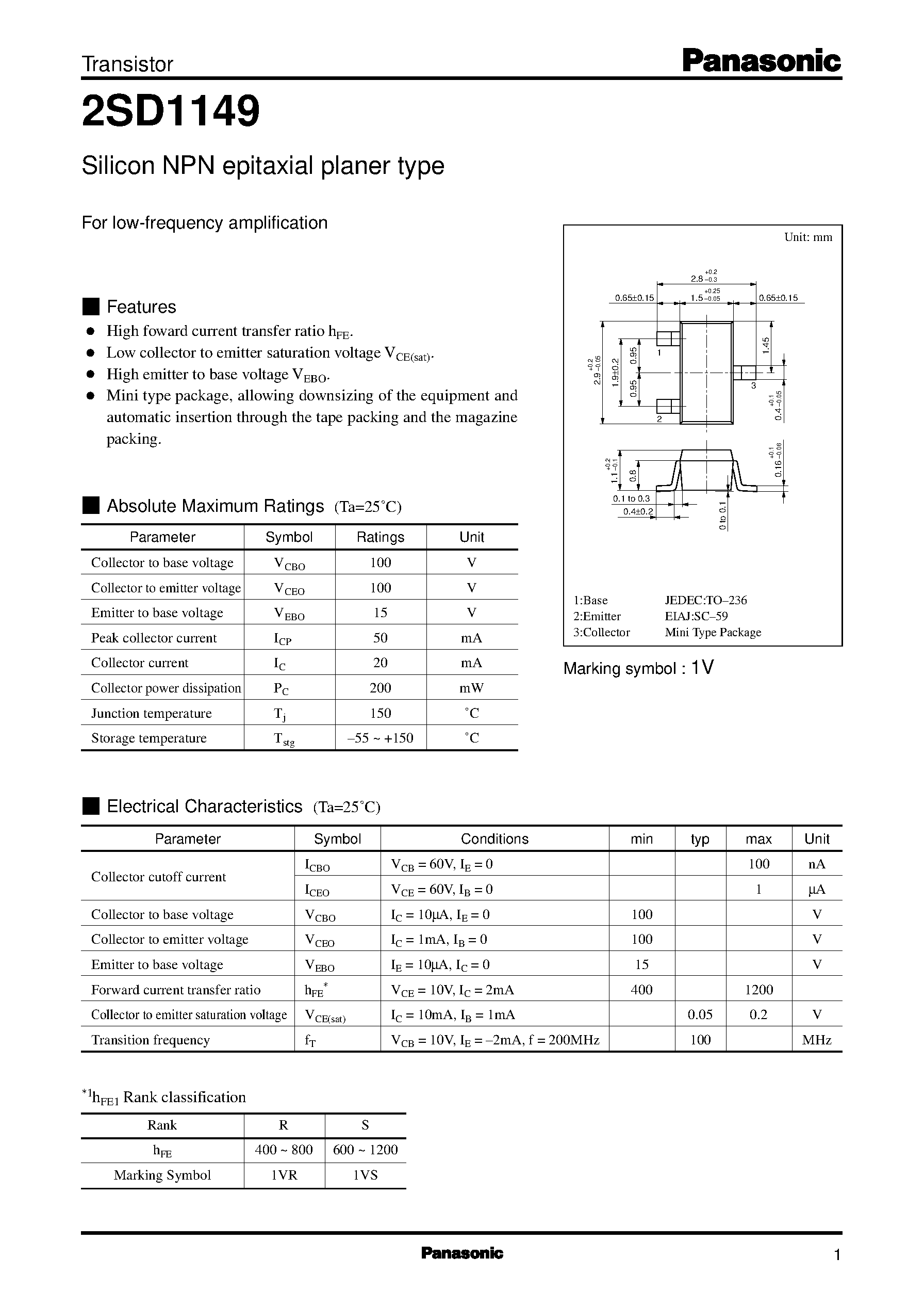 Datasheet 2SD1149 - Silicon NPN epitaxial planer type(For low-frequency amplification) page 1