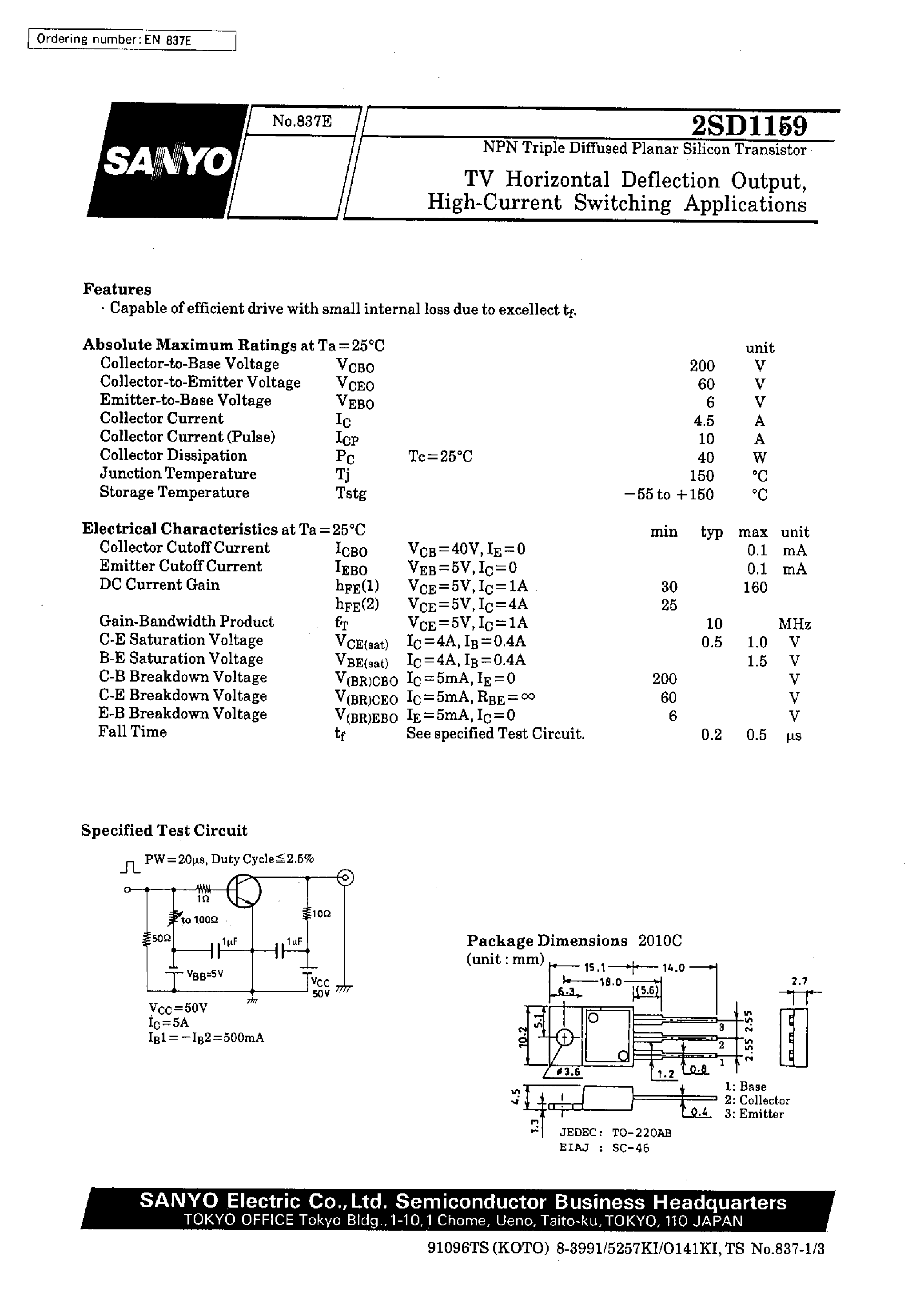 Datasheet 2SD1159 - TV Horizontal Deflection Output/ High-Current Switching Applications page 1