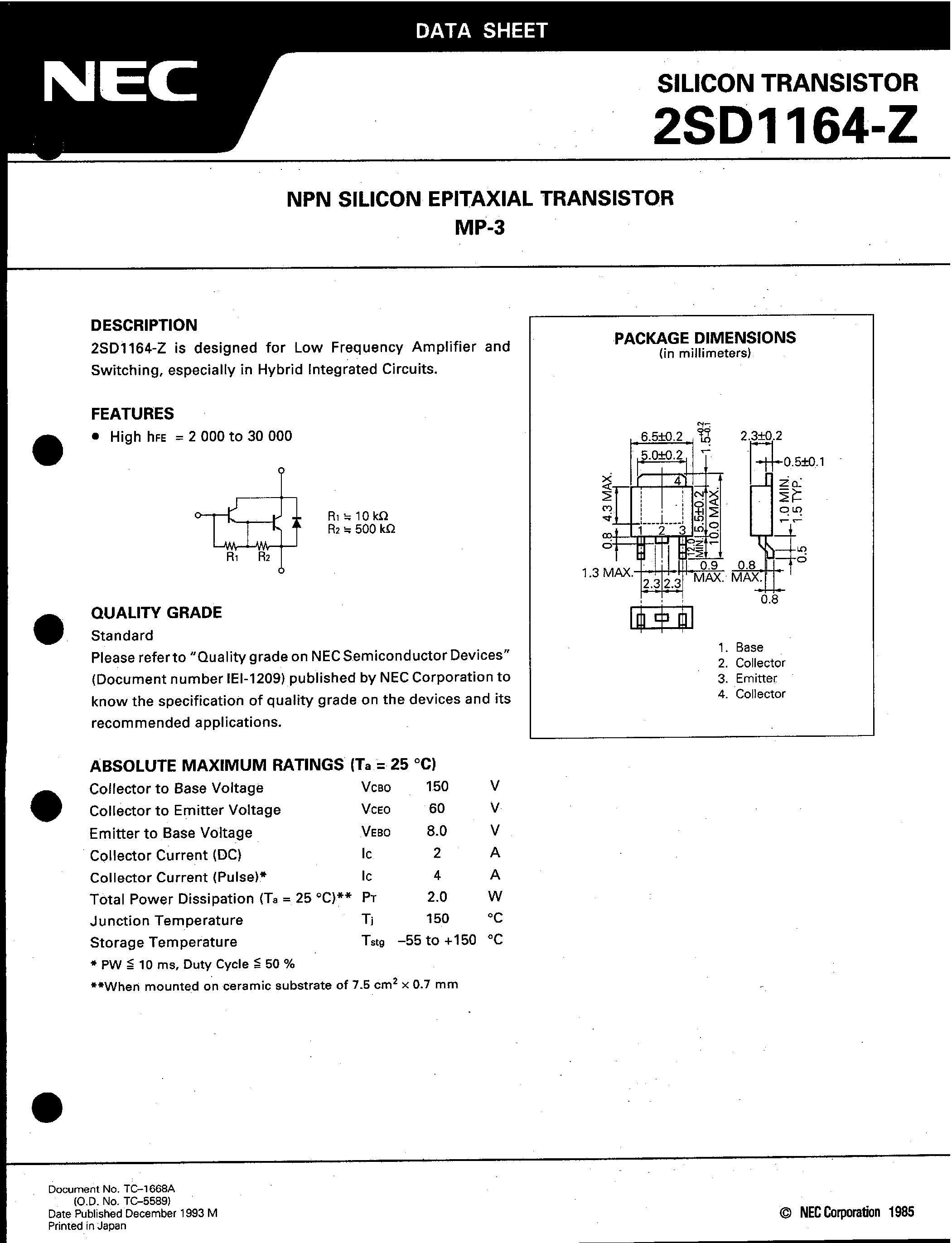 Datasheet 2SD1164-Z page 1 Datasheet 2SD1164-Z - NPN SILICON EPITAXIAL TRANSISTOR MP-3 page 1
