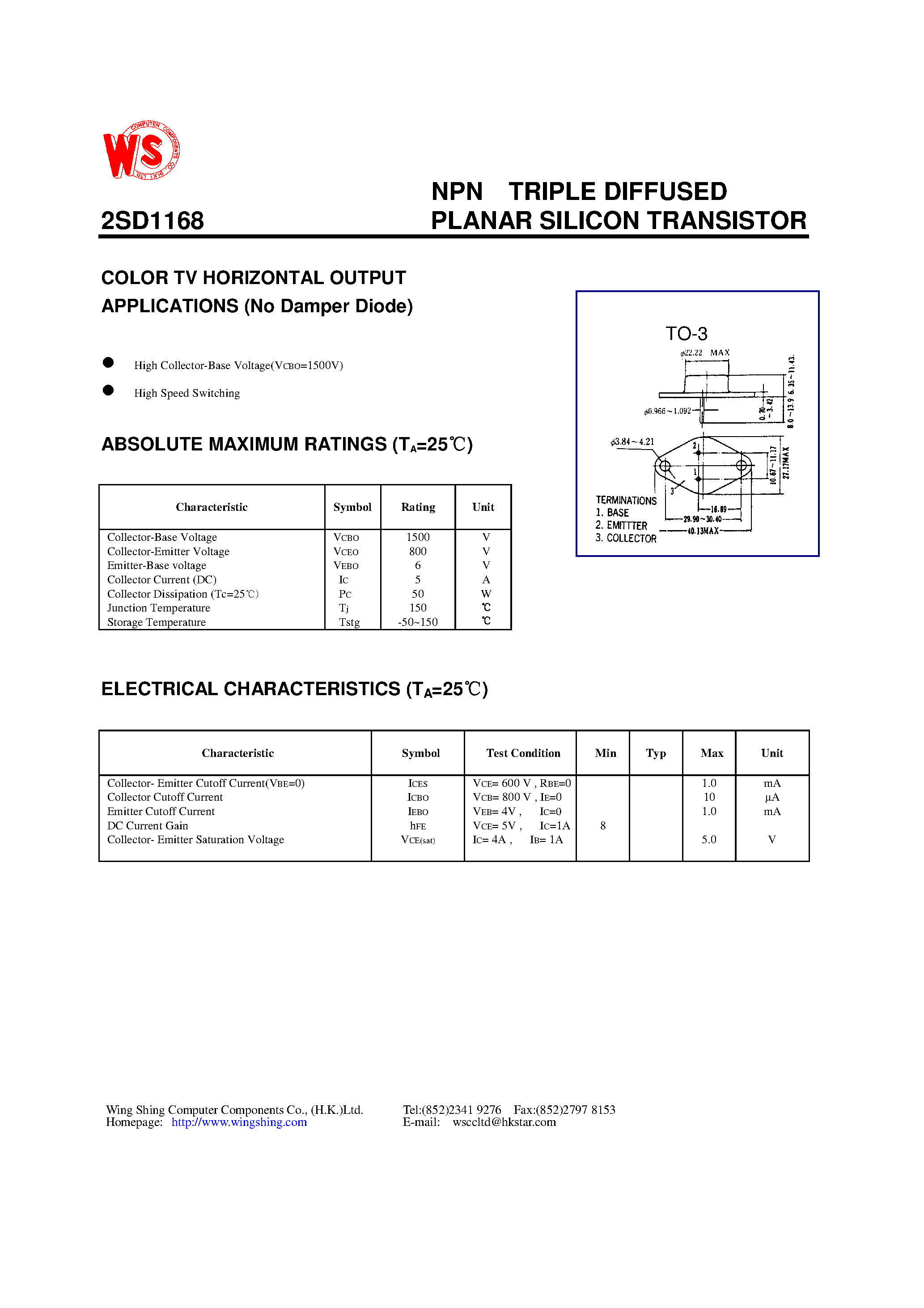 Datasheet 2SD1168 - NPN TRIPLE DIFFUSED PLANAR SILICON TRANSISTOR(COLOR TV HORIZONTAL OUTPUT APPLICATIONS) page 1