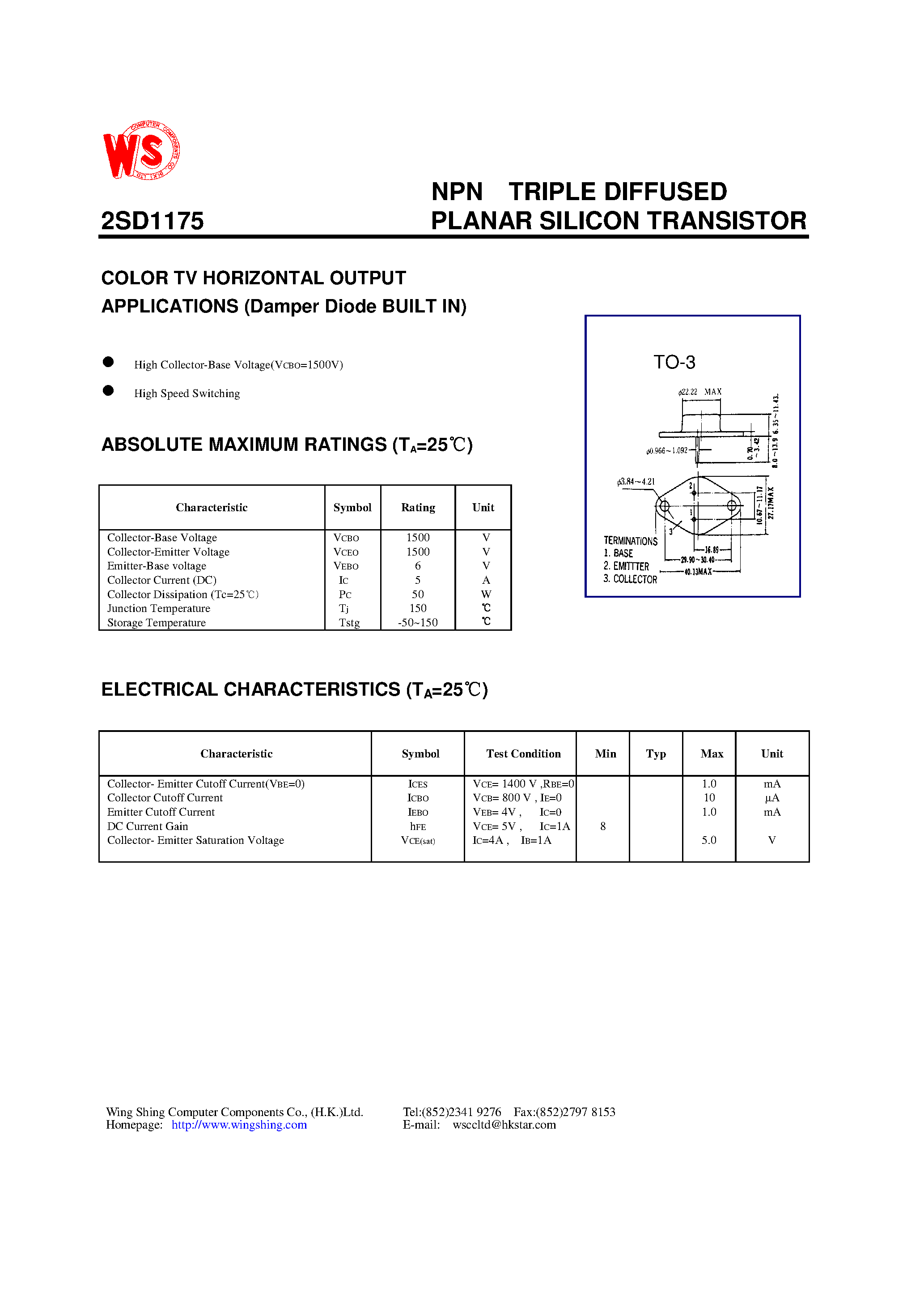 Datasheet 2SD1175 - NPN TRIPLE DIFFUSED PLANAR SILICON TRANSISTOR(COLOR TV HORIZONTAL OUTPUT APPLICATIONS) page 1