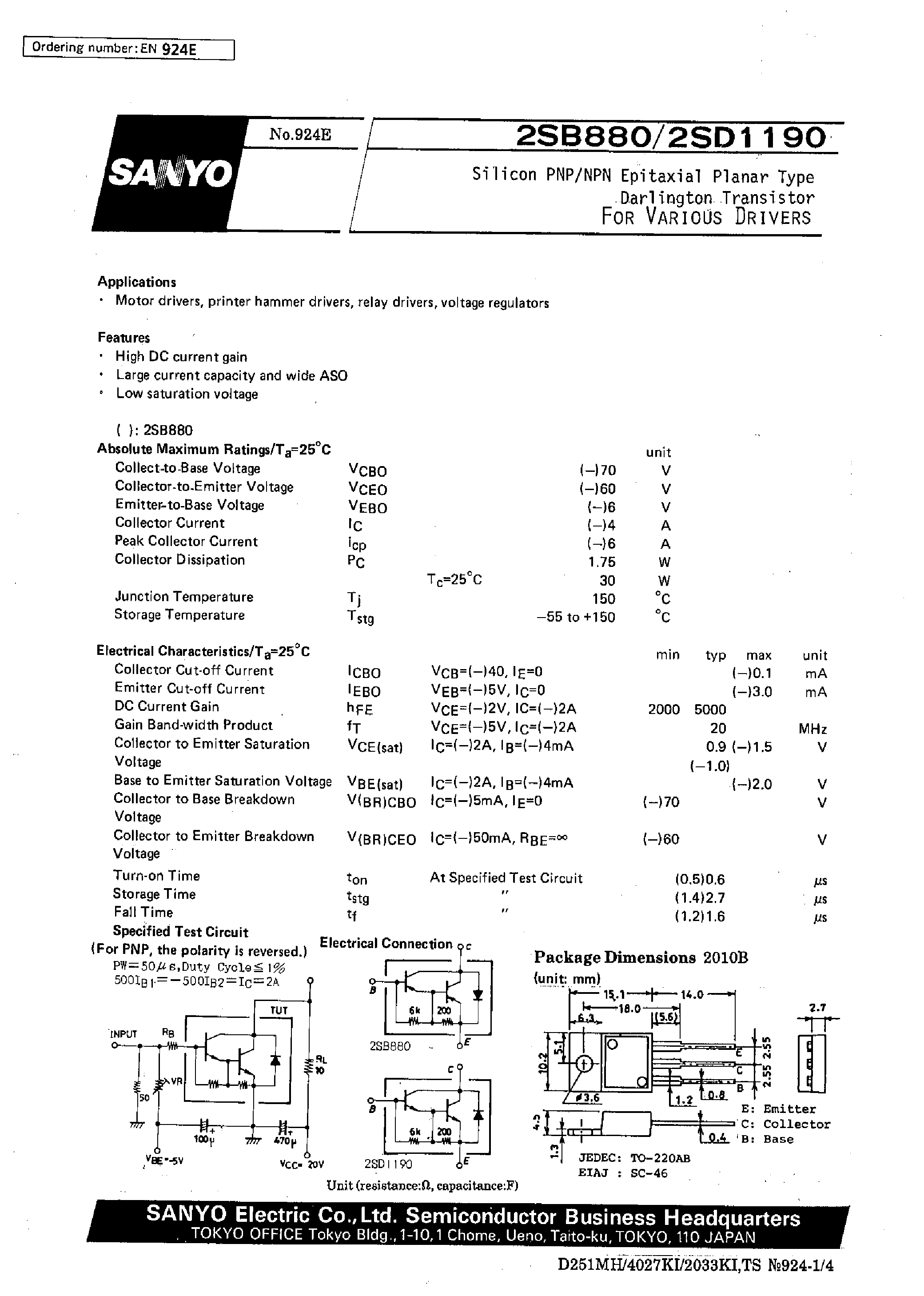 Datasheet 2SD1190 - For Various Drivers page 1