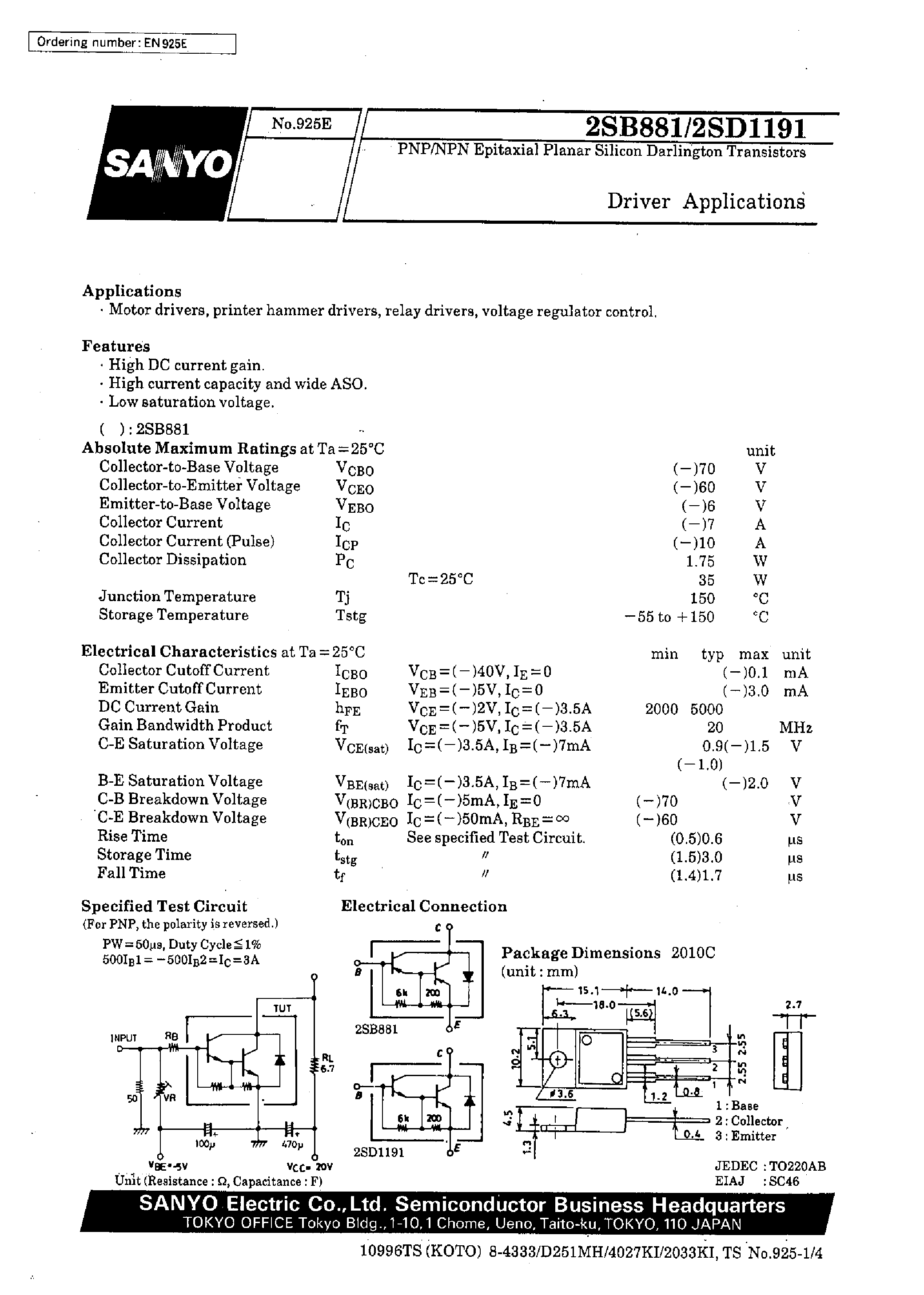 Datasheet 2SD1191 - Driver Applications page 1