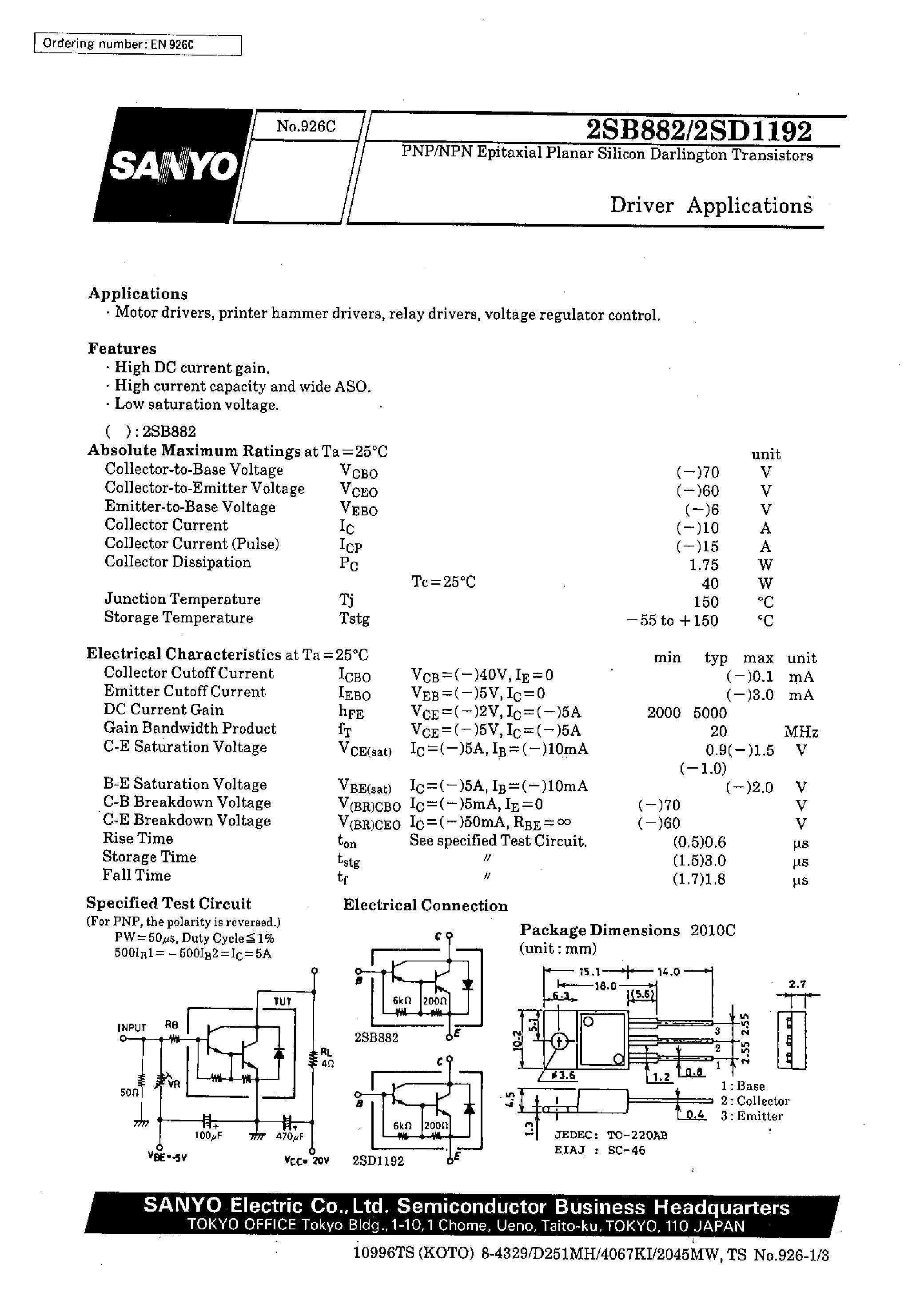 Datasheet 2SD1192 - Driver Applications page 1