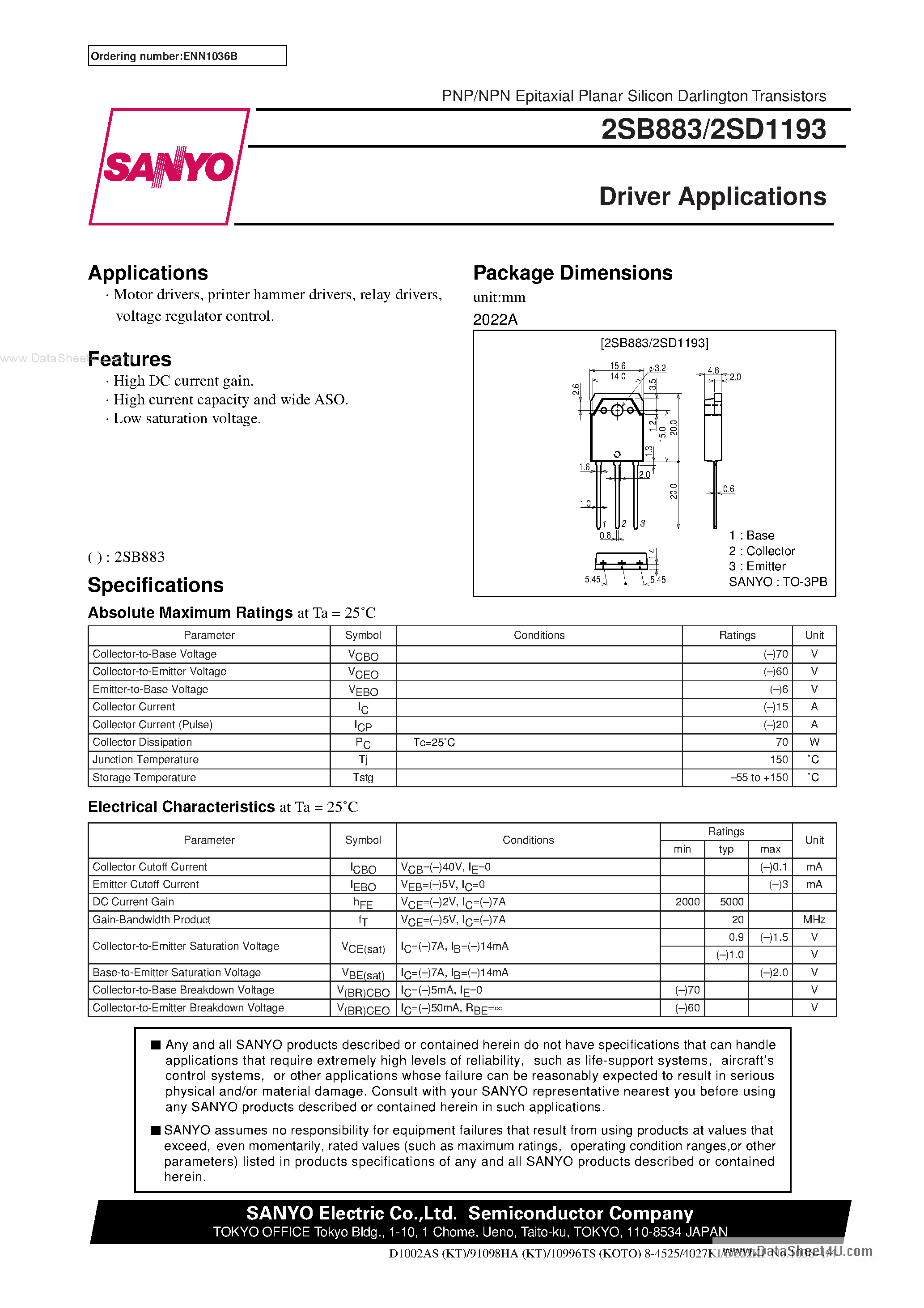 Datasheet 2SD1193 - Driver Applications page 1