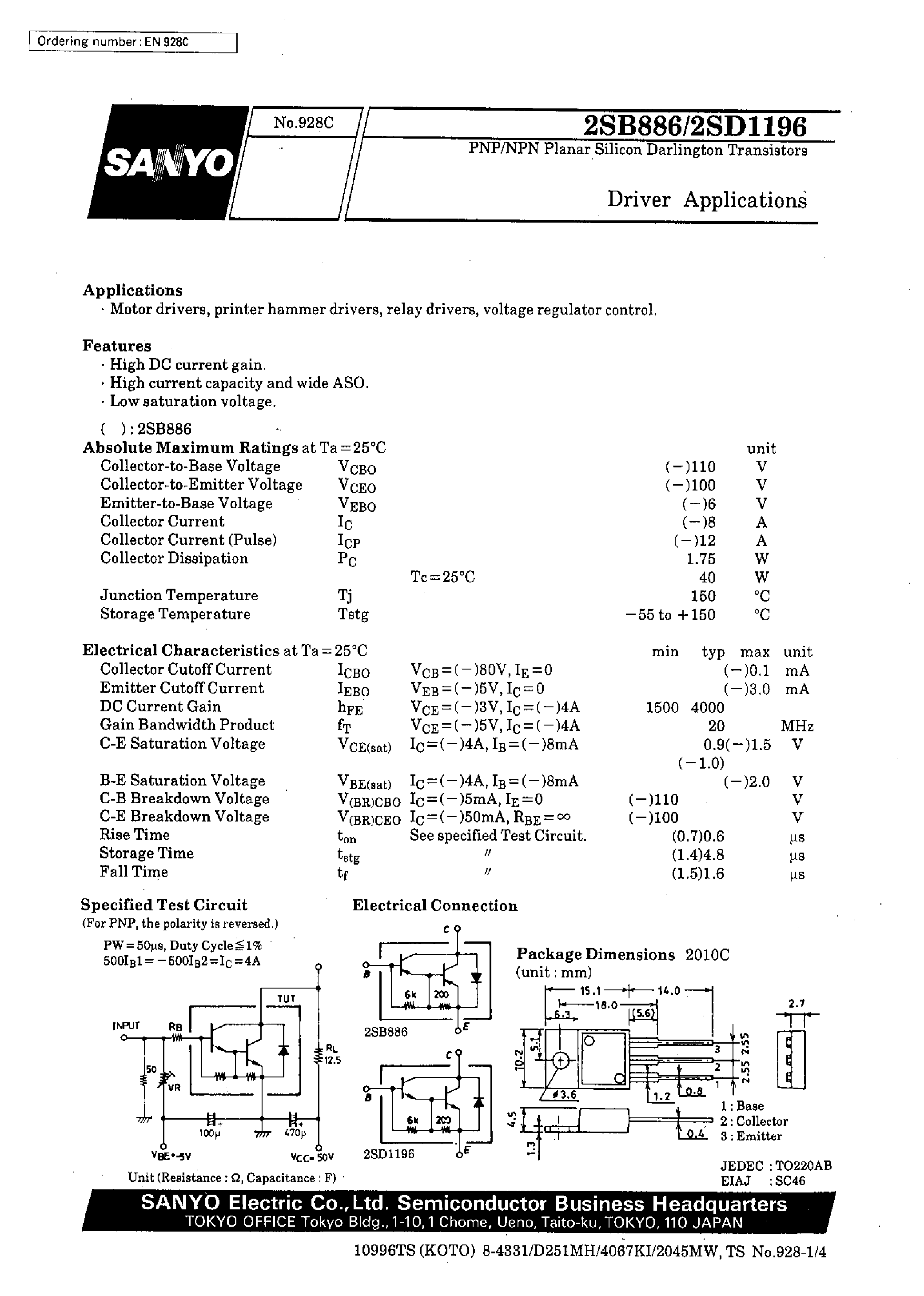 Datasheet 2SD1196 - Driver Applications page 1