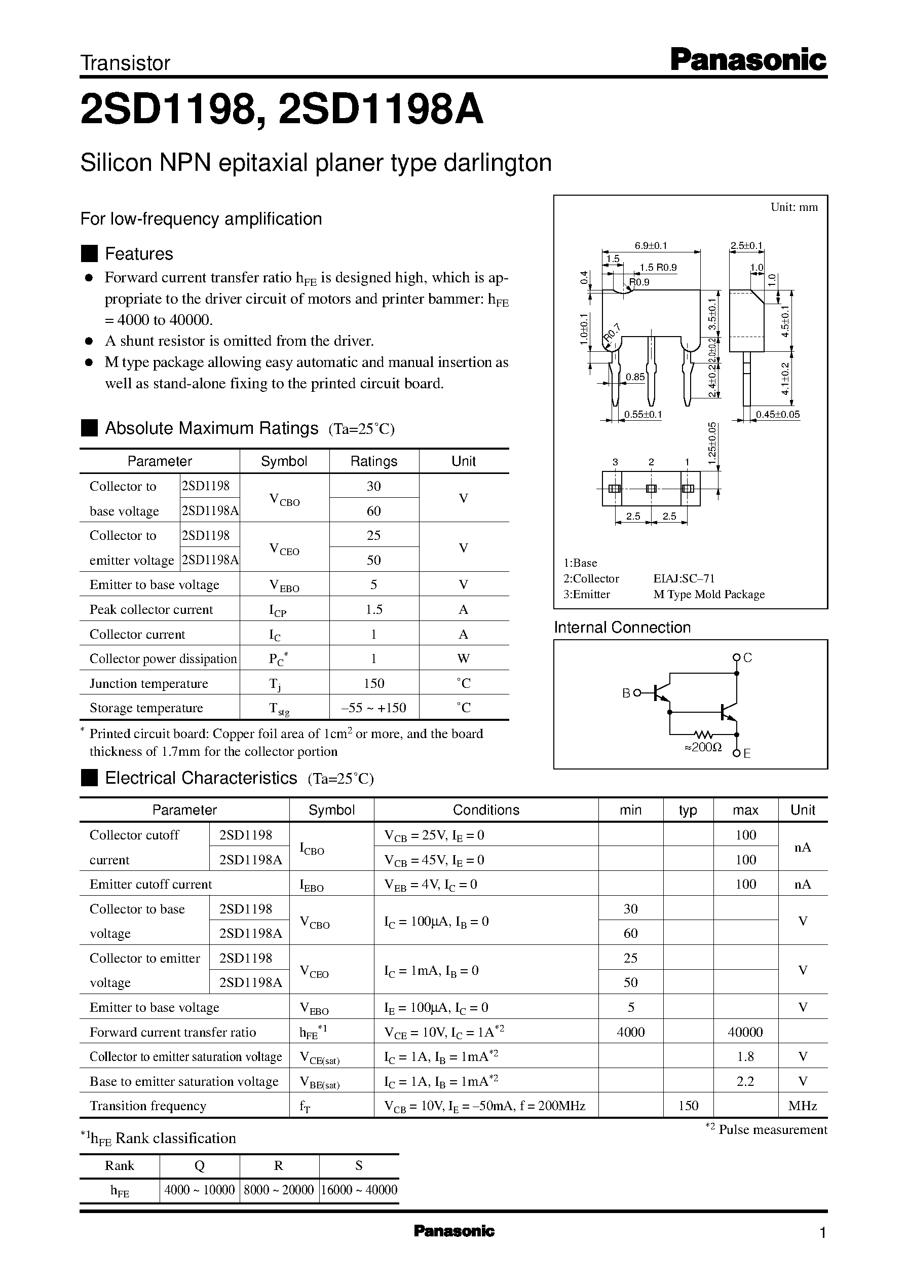 Datasheet 2SD1198A - Silicon NPN epitaxial planer type darlington page 1