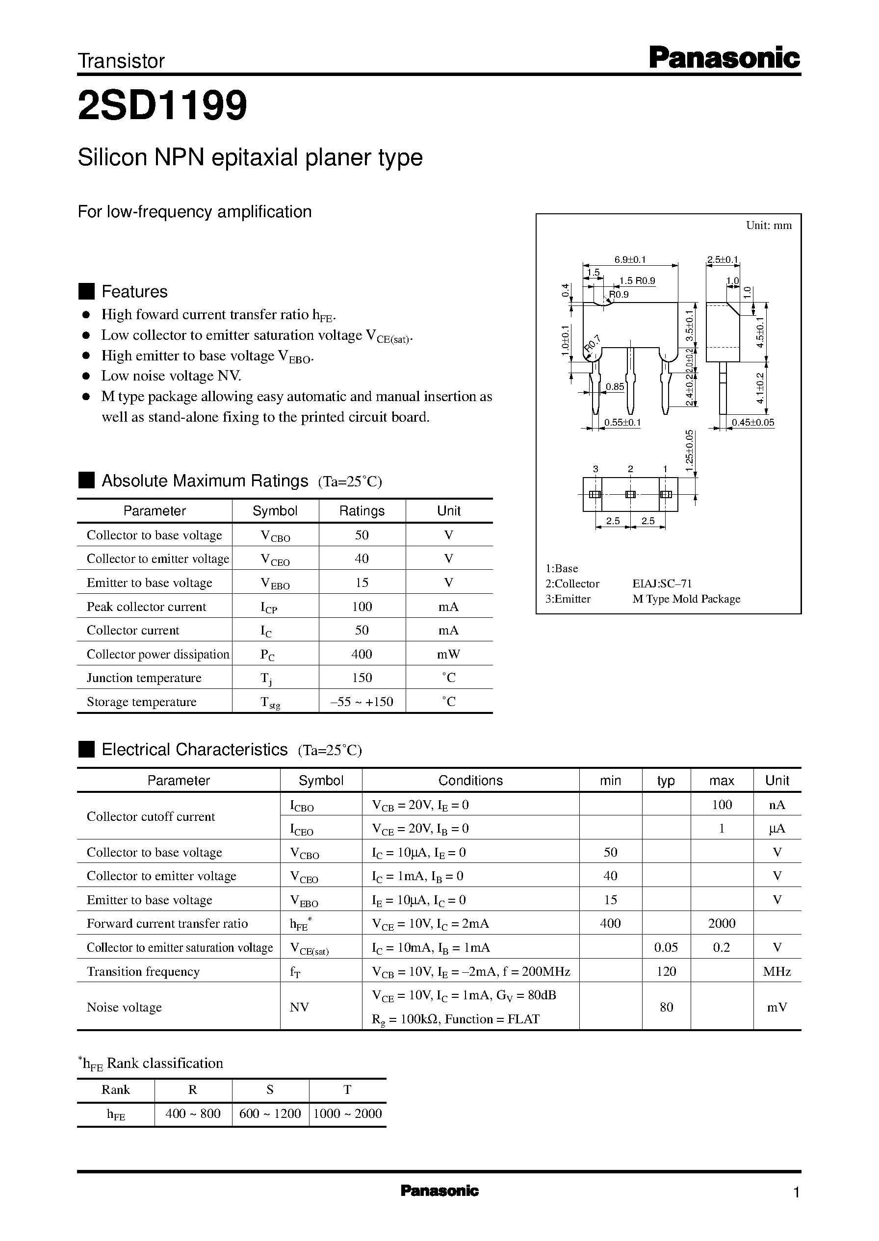 Datasheet 2SD1199 - Silicon NPN epitaxial planer type(For low-frequency amplification) page 1