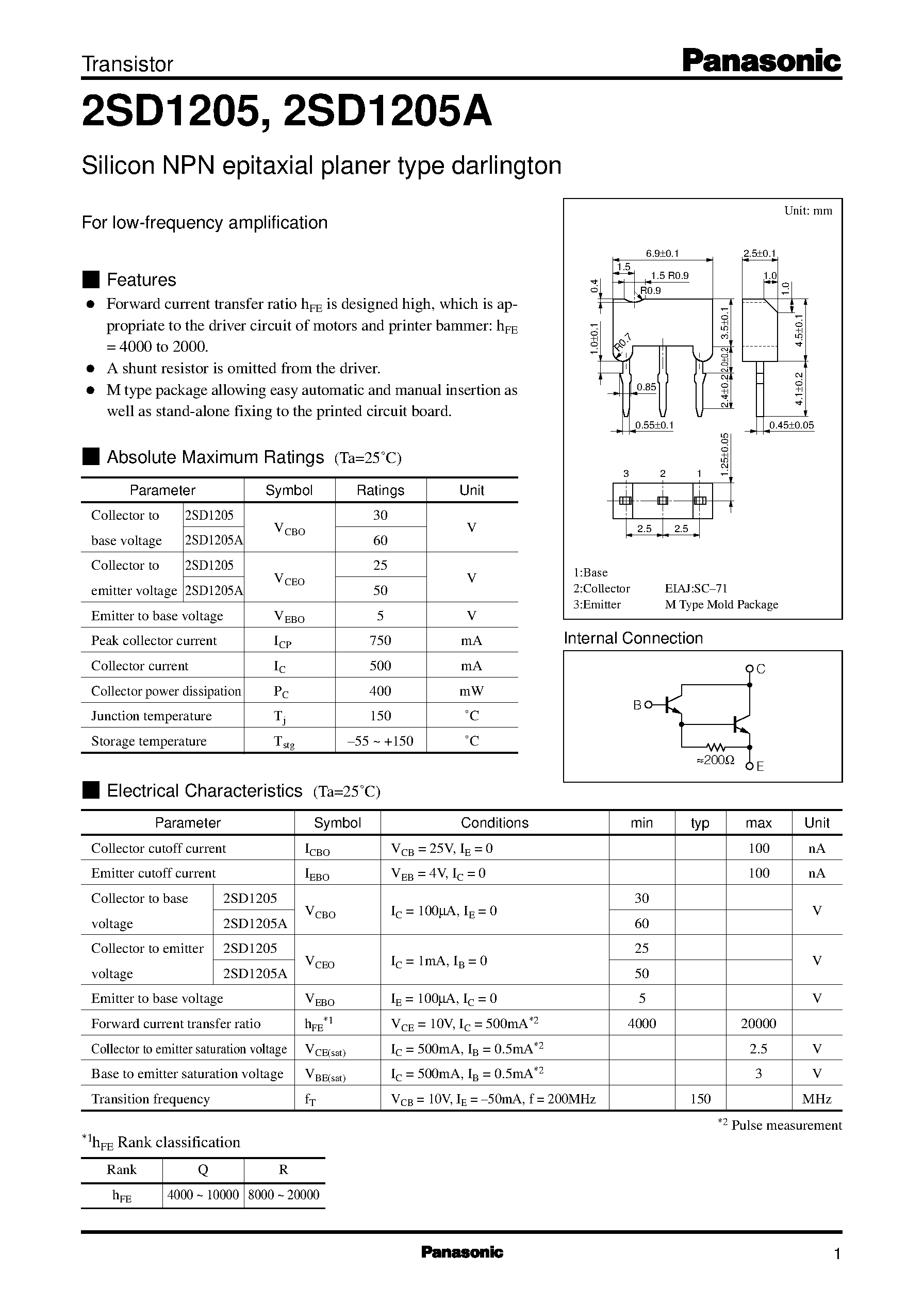 Datasheet 2SD1205 - Silicon NPN epitaxial planer type darlington(For low-frequency amplification) page 1