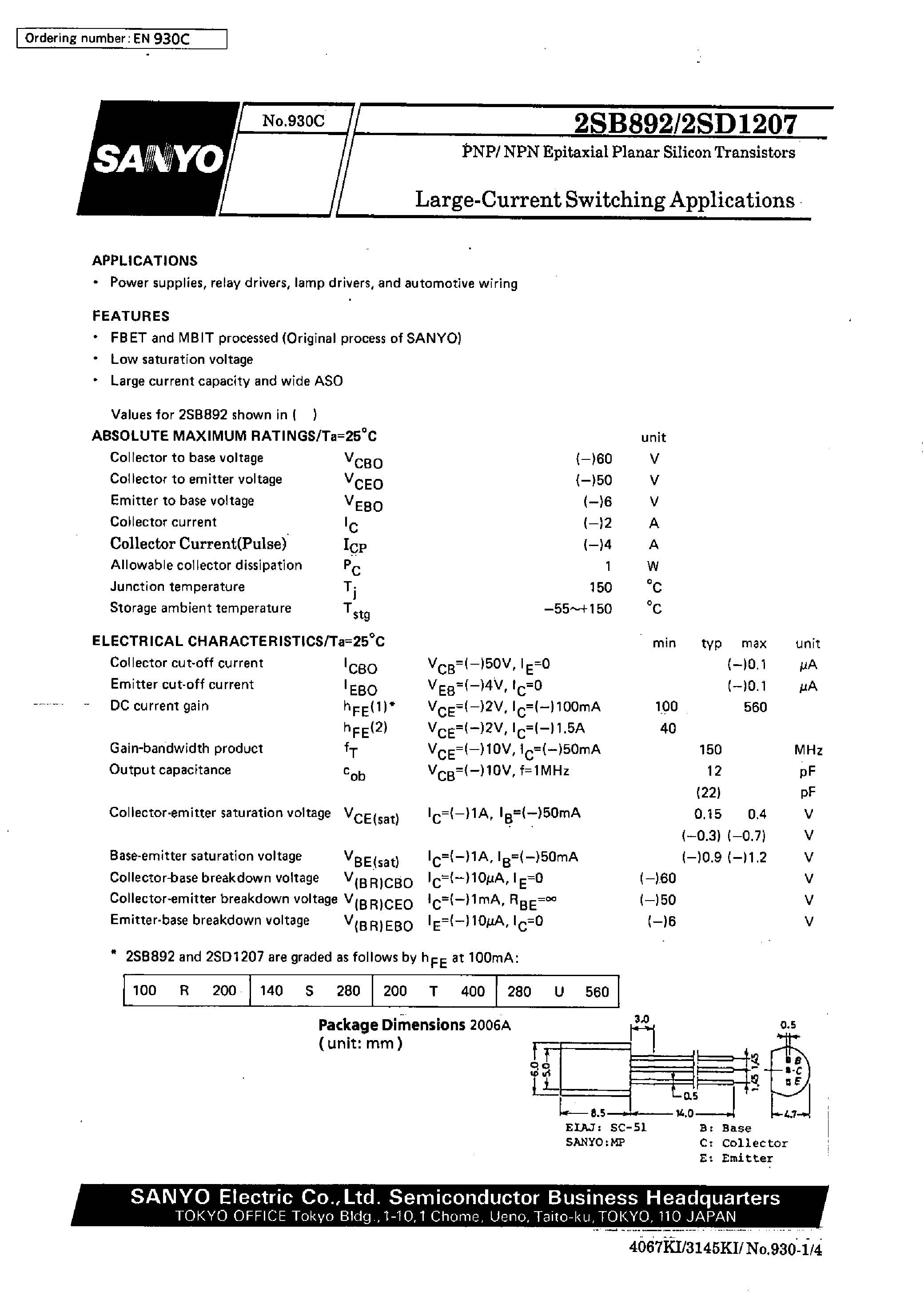 Datasheet 2SD1207 - Large-Current Switching Applications page 1