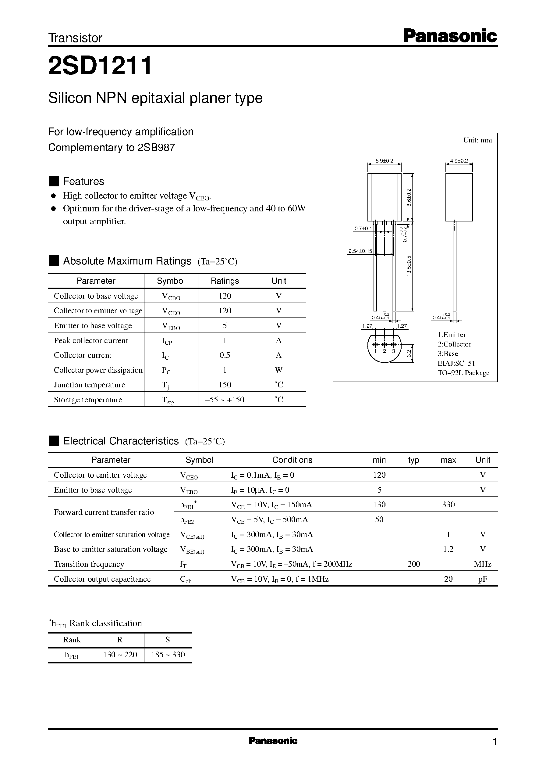Datasheet 2SD1211 - Silicon NPN epitaxial planer type(For low-frequency amplification) page 1