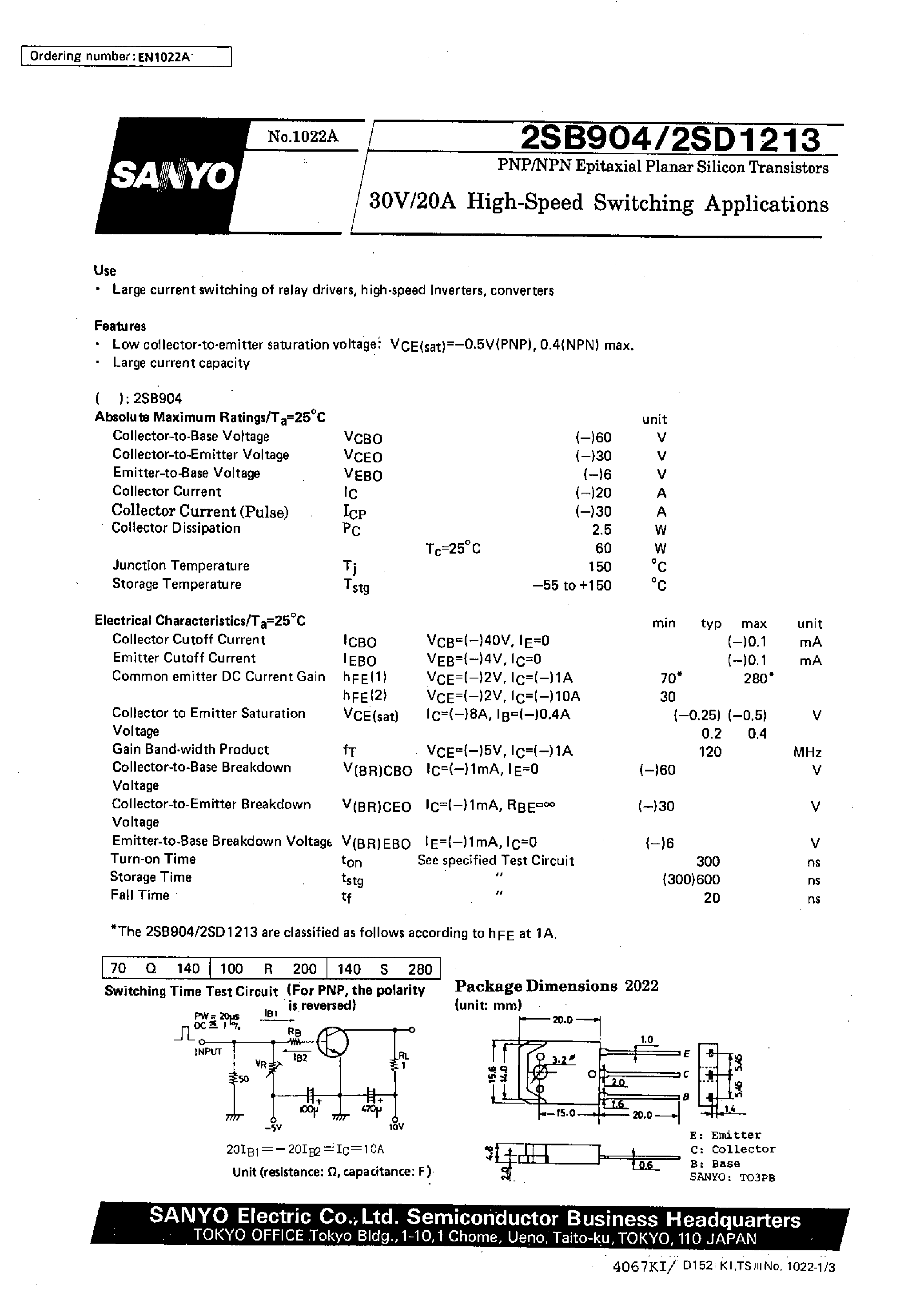 Datasheet 2SD1213 - 30V/20A High-Speed Switching Applications page 1