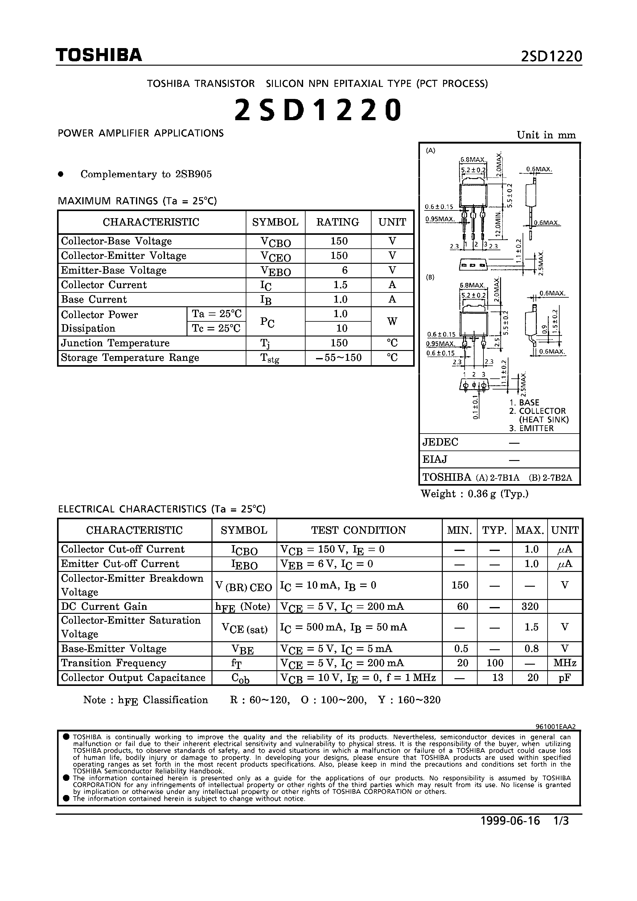 Datasheet 2SD1220 page 1 Datasheet 2SD1220 - NPN EPITAXIAL TYPE (POWER AMPLIFIER APPLICATIONS) page 1