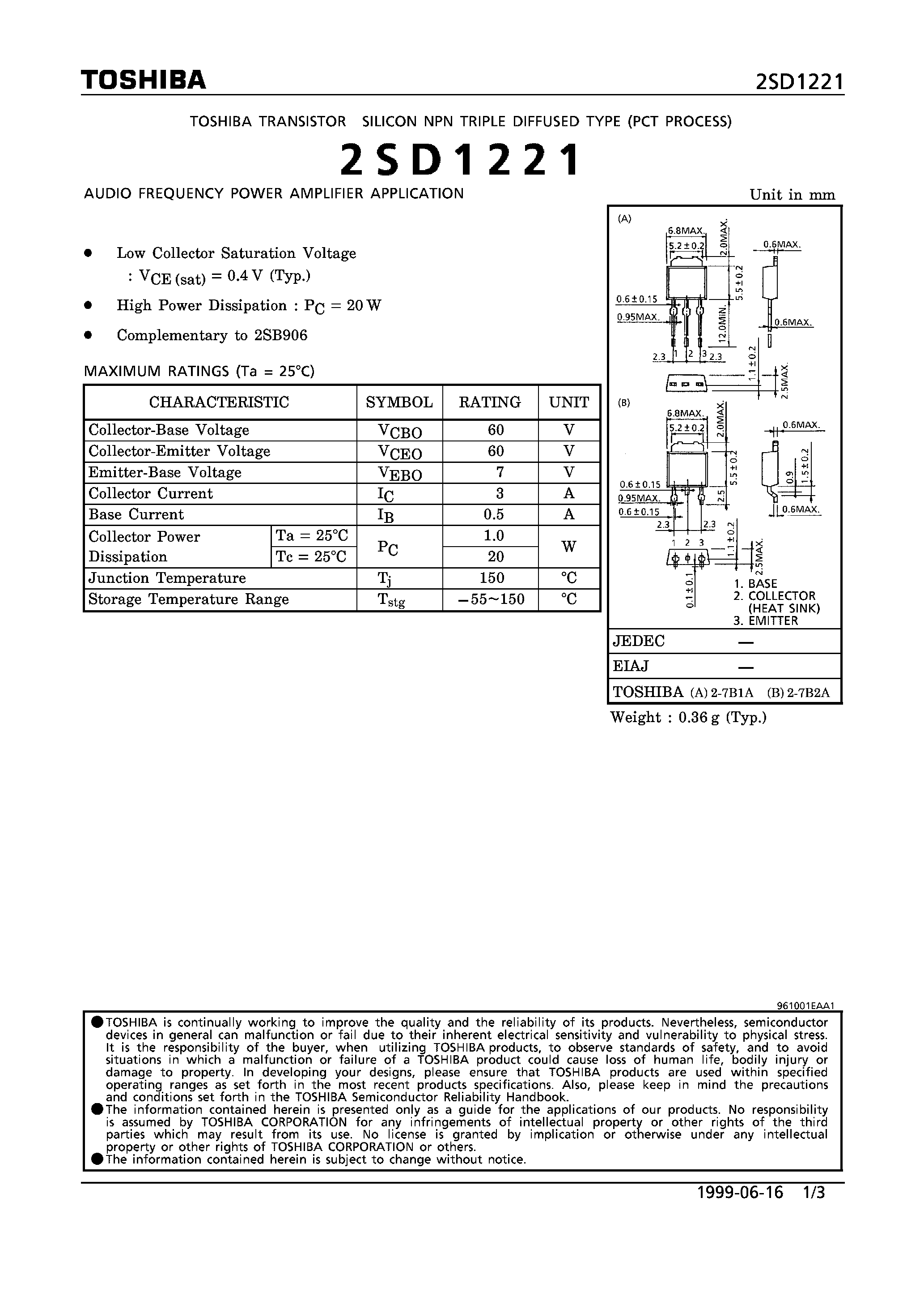 Datasheet 2SD1221 - NPN TRIPLE DIFFUSED TYPE (AUDIO FREQUENCY POWER AMPLIFIER APPLICATION) page 1
