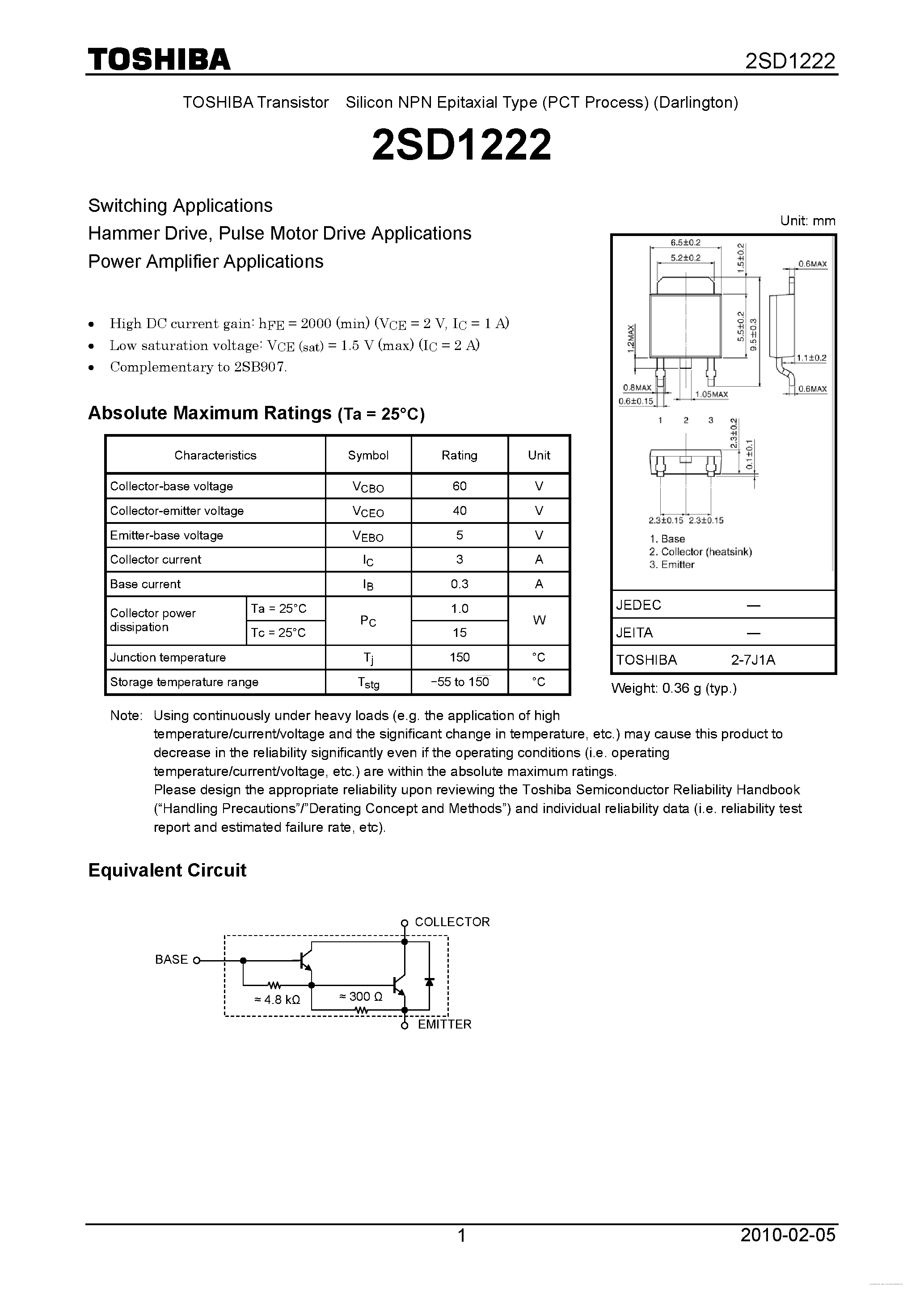 Datasheet 2SD1222 - NPN EPITAXIAL TYPE (SWITCHING/ HAMMER DRIVE/ PULSE MOTOR DRIVE/ POWER AMPLIFIER APPLICATIONS) page 1