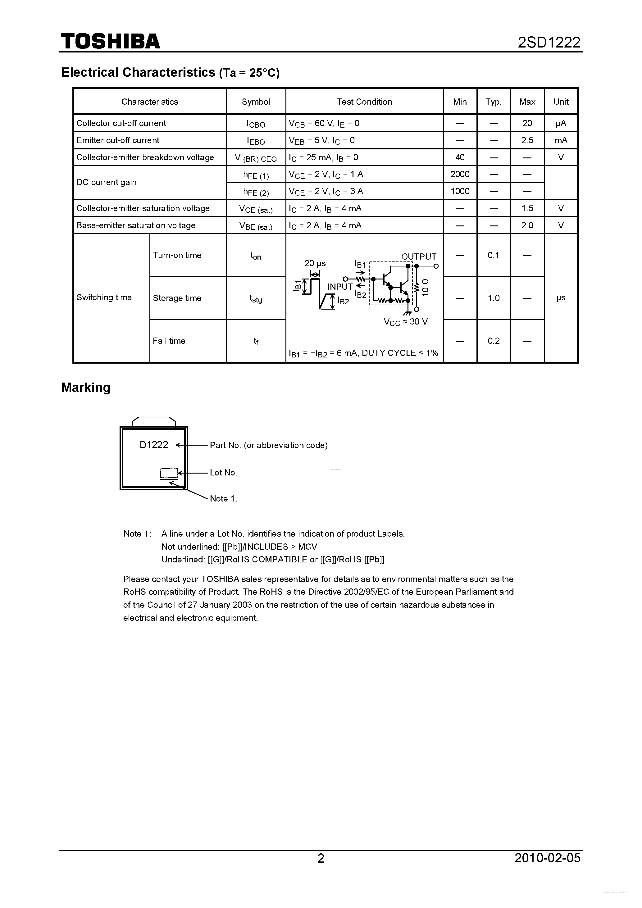 Datasheet 2SD1222 - NPN EPITAXIAL TYPE (SWITCHING/ HAMMER DRIVE/ PULSE MOTOR DRIVE/ POWER AMPLIFIER APPLICATIONS) page 2