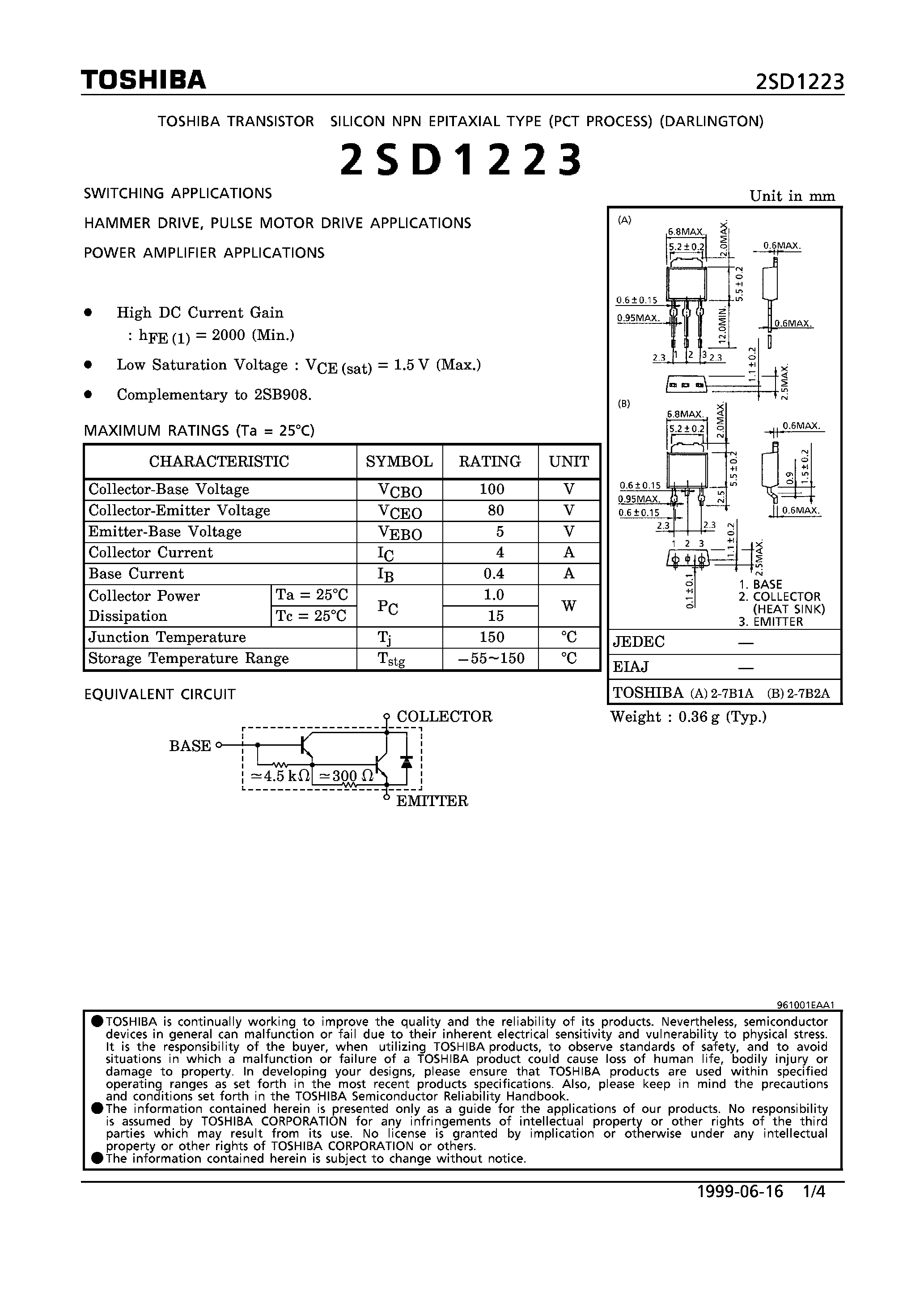 Datasheet 2SD1223 - NPN EPITAXIAL TYPE (SWITCHING/ HAMMER DRIVE/ PULSE MOTOR DRIVE/ POWER AMPLIFIER APPLICATIONS) page 1