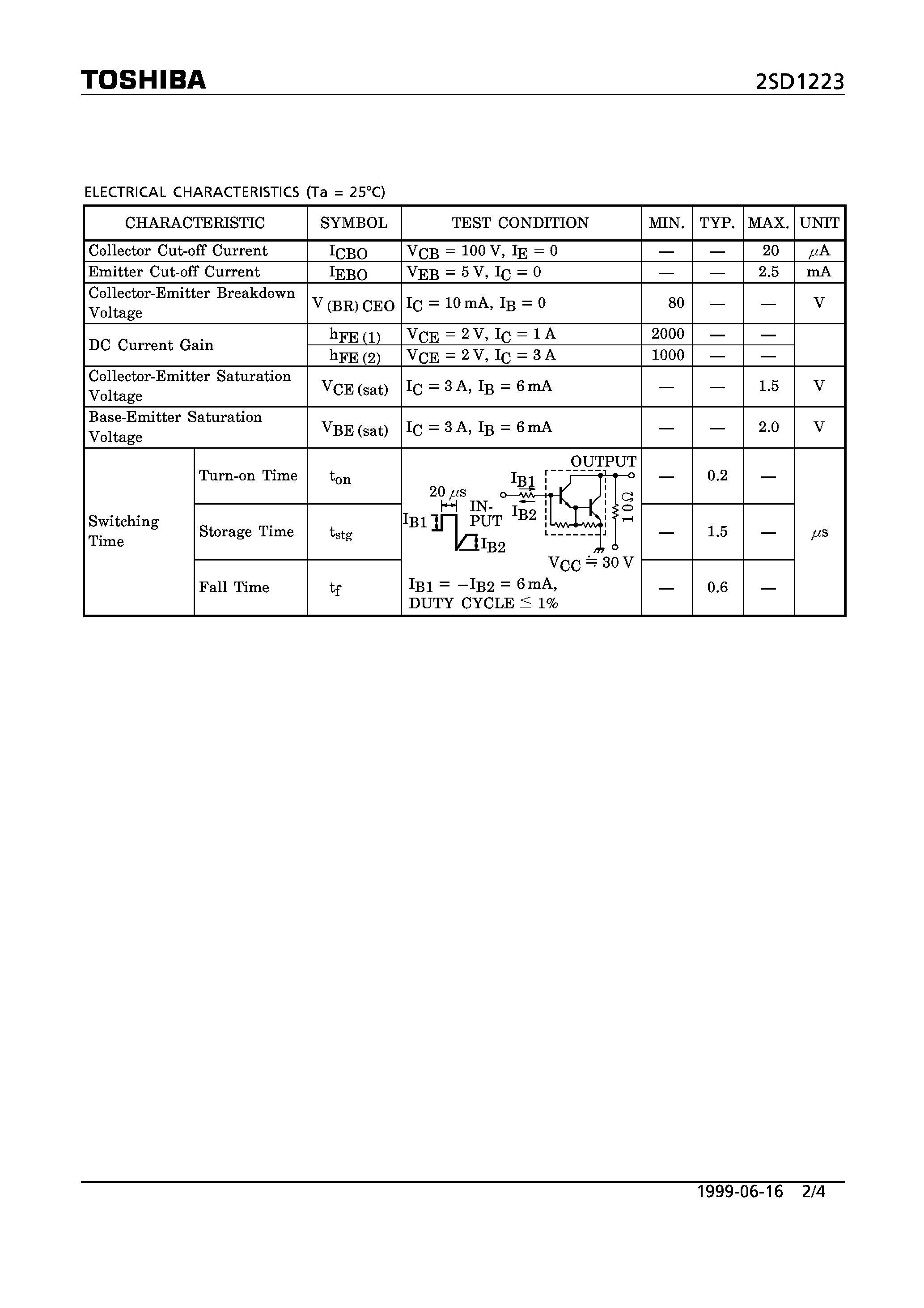 Datasheet 2SD1223 - NPN EPITAXIAL TYPE (SWITCHING/ HAMMER DRIVE/ PULSE MOTOR DRIVE/ POWER AMPLIFIER APPLICATIONS) page 2