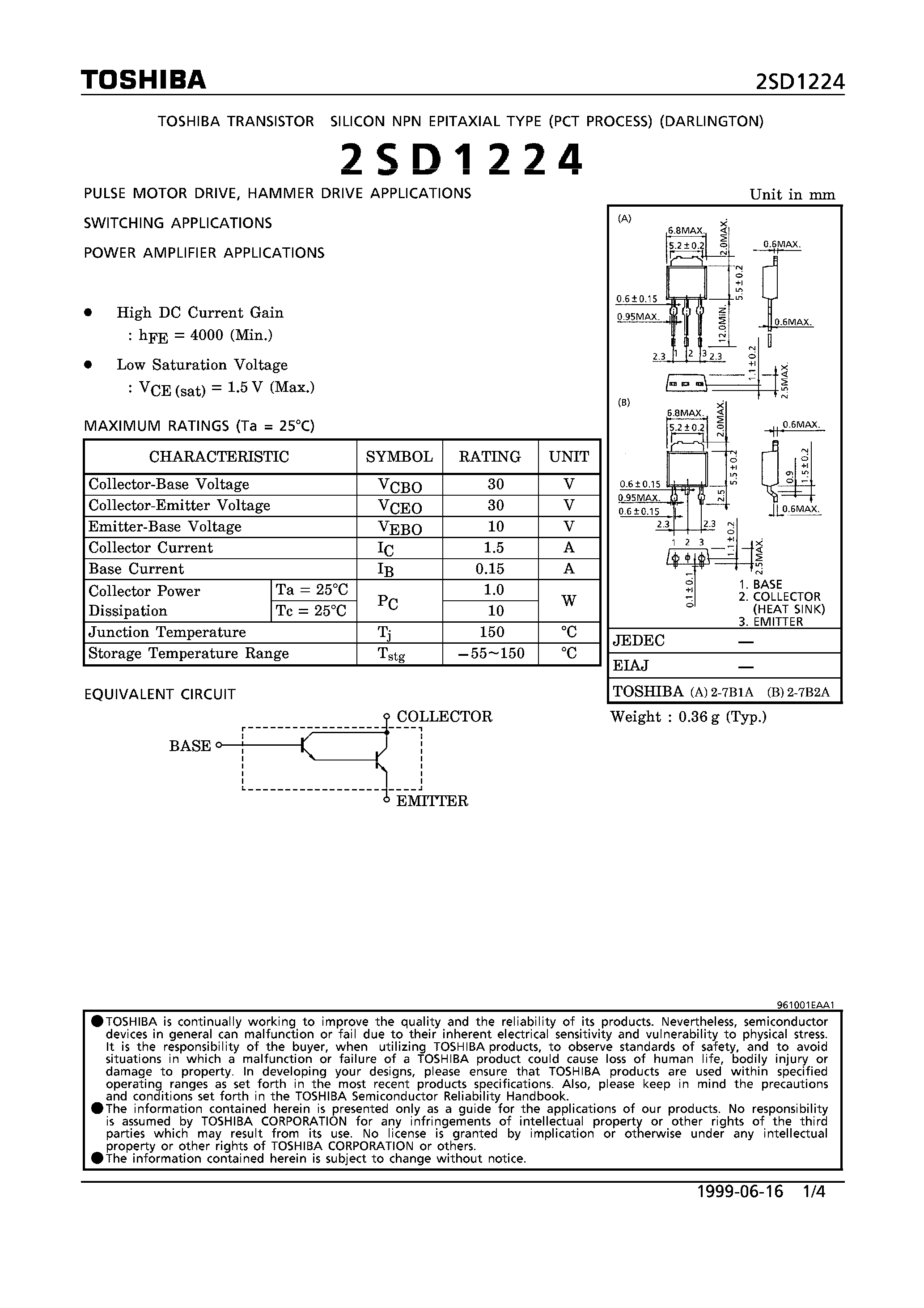 Datasheet 2SD1224 - NPN EPITAXIAL TYPE (PULSE MOTOR DRIVE/ HAMMER DRIVE/ SWITCHING/ POWER AMPLIFIER APPLICATIONS) page 1