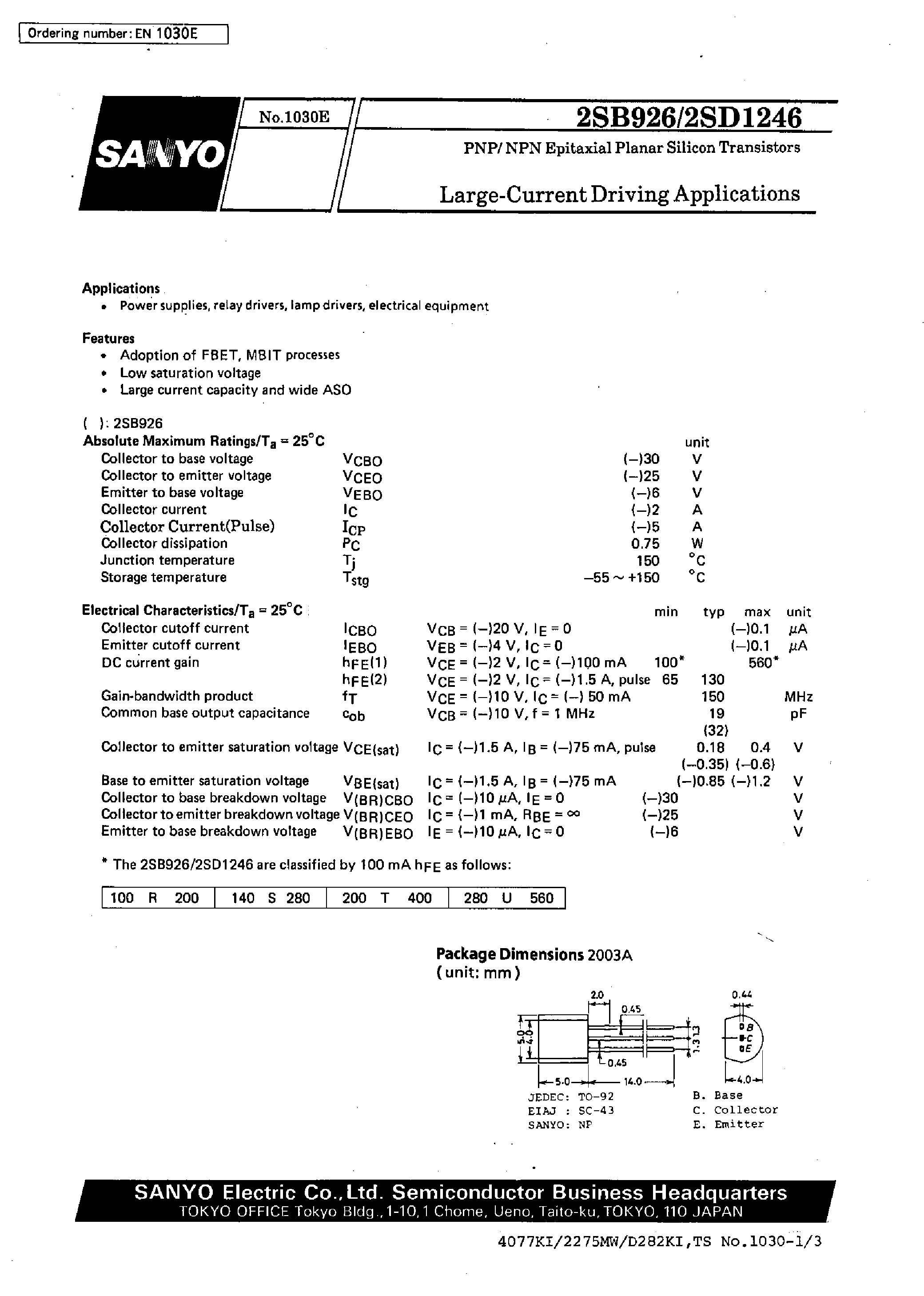 Datasheet 2SD1246 - Large-Current Driving Applications page 1
