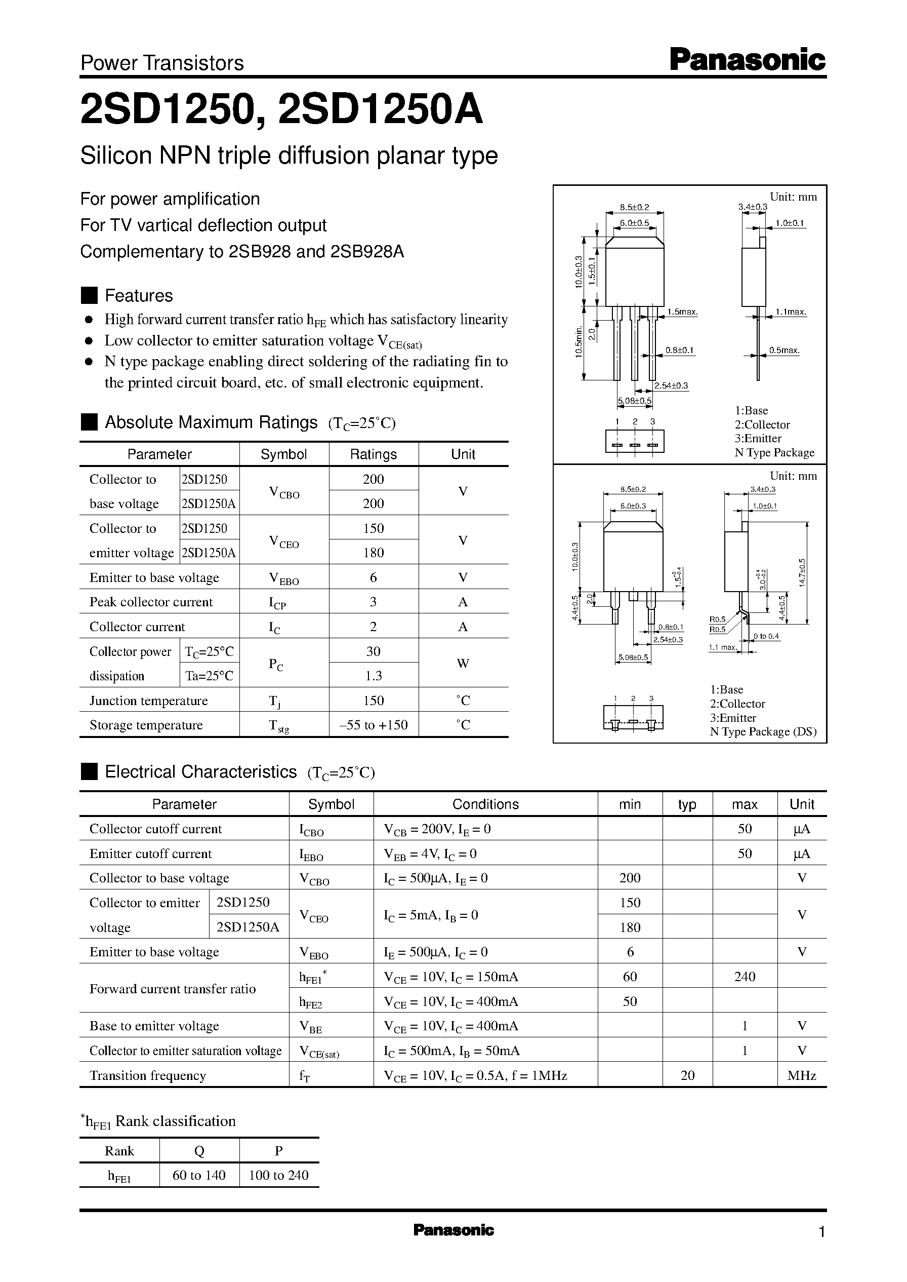 Datasheet 2SD1250 page 1 Datasheet 2SD1250 - Silicon PNP epitaxial planar type(For power amplification) page 1