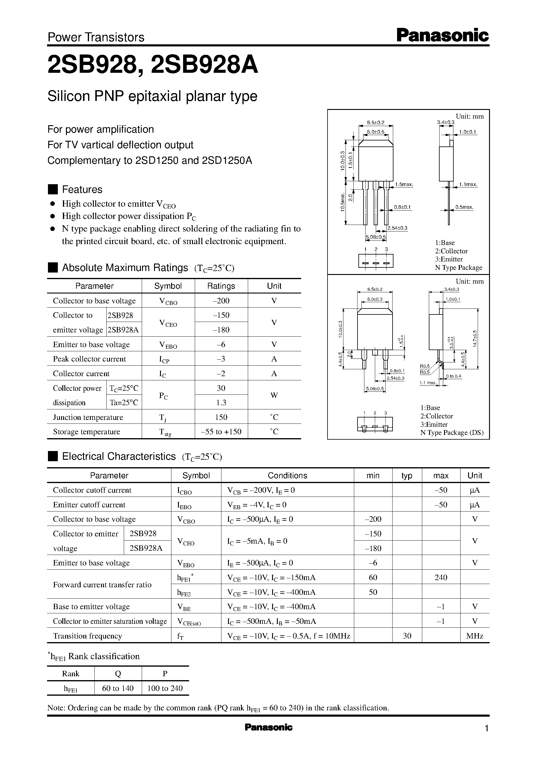 Datasheet 2SD1250A - Silicon NPN triple diffusion planar type(For power amplification) page 1