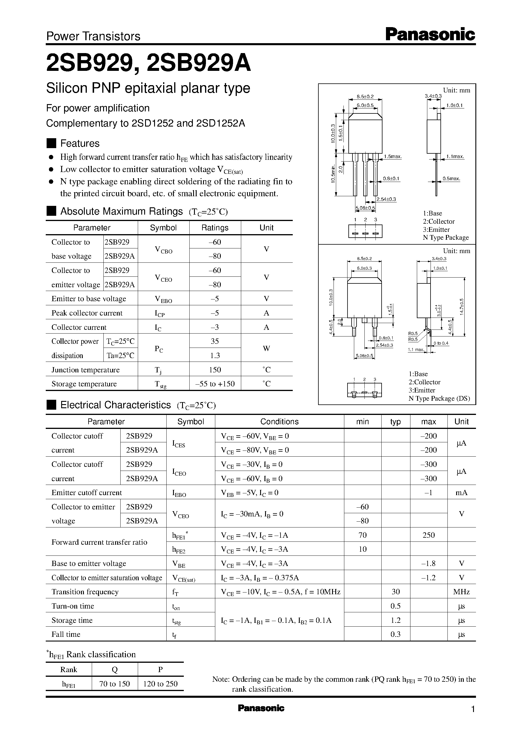 Datasheet 2SD1252A - Silicon NPN triple diffusion planar type(For power amplification) page 1